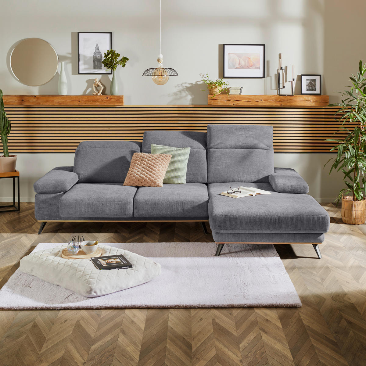 ECKSOFA Struktur Grau  - Schwarz/Grau, Modern, Textil/Metall (283/194cm) - MID.YOU