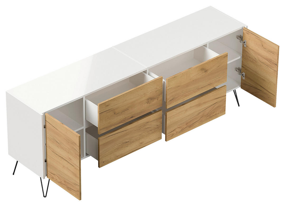 SIDEBOARD Posseik Industrial  in 199/75,8/42 cm  - Eichefarben/Weiß Hochglanz, Design, Holzwerkstoff/Metall (199/75,8/42cm) - P & B