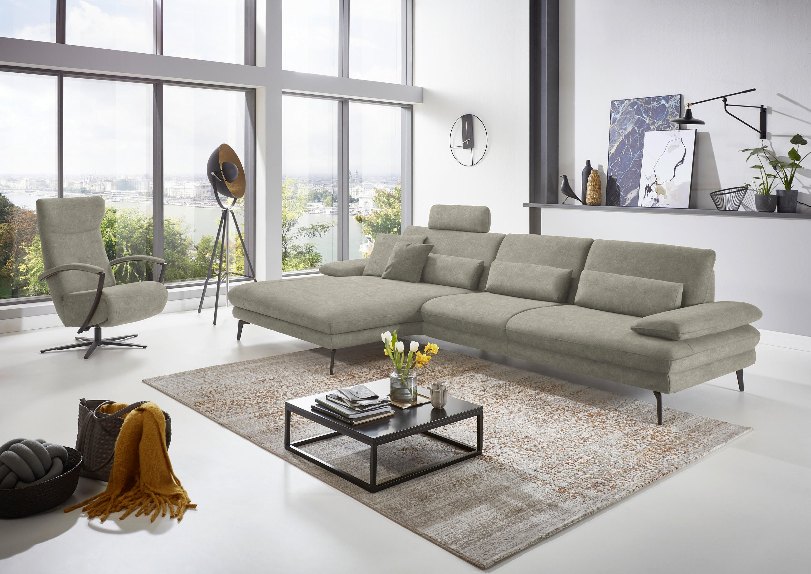 ECKSOFA in Velours Platinfarben - Platinfarben/Schwarz, Design, Textil/Metall (180/310cm) - Dieter Knoll