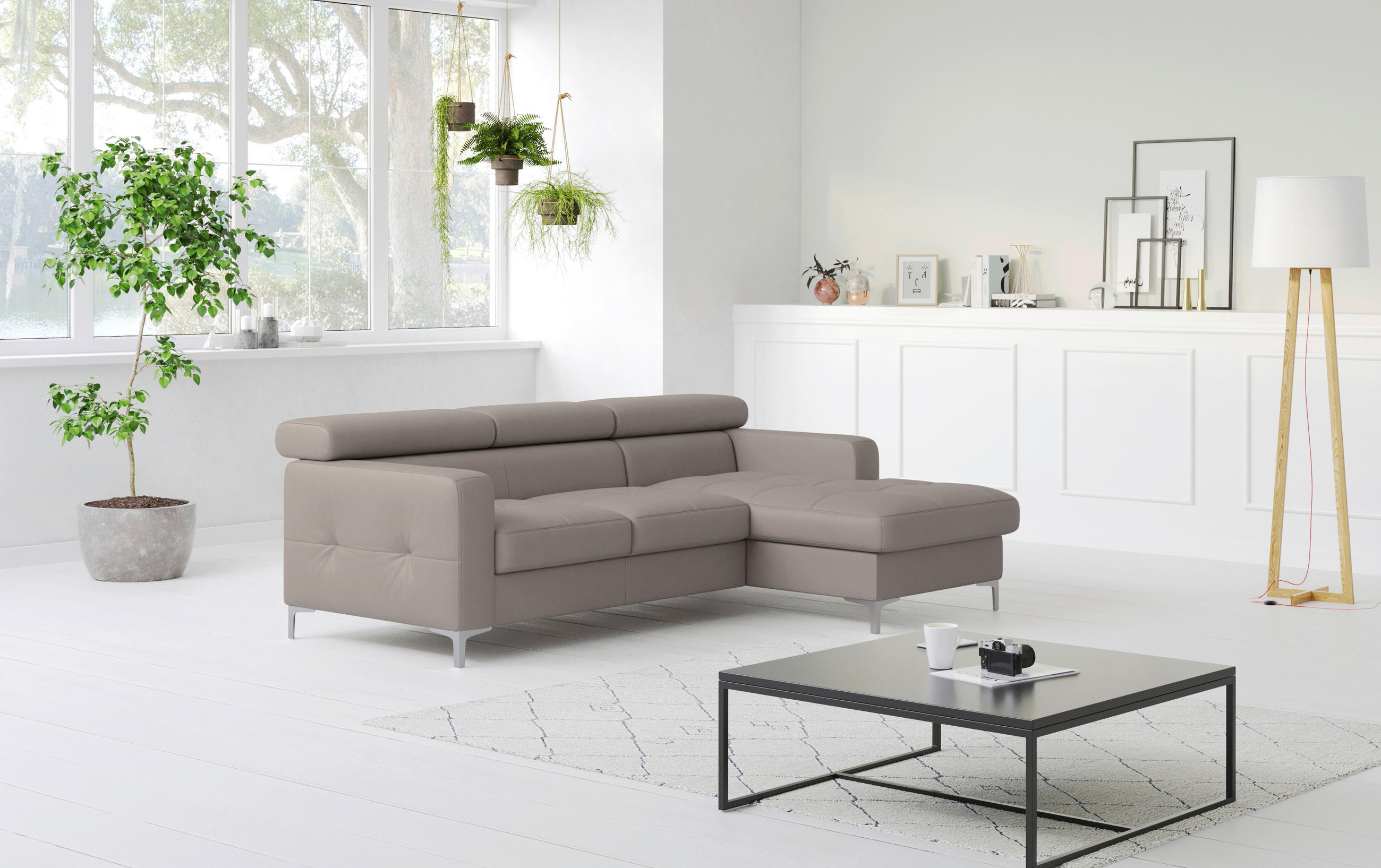 ECKSOFA in Echtleder Grau  227/168 cm  - Chromfarben/Grau, Design, Leder/Metall (227/168cm) - Livetastic