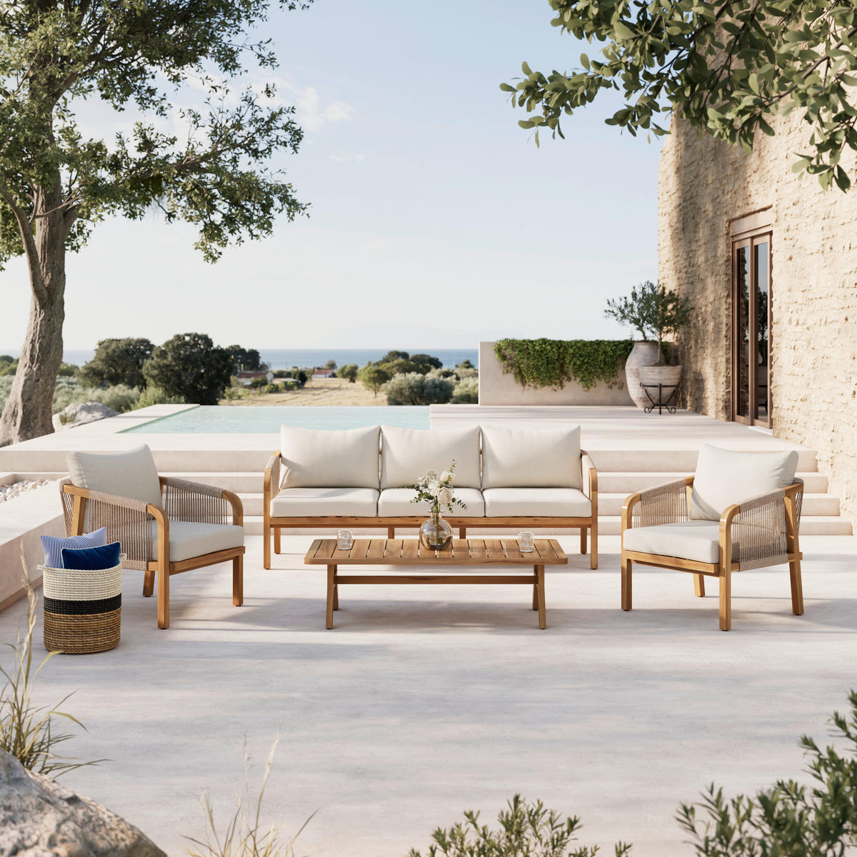 LOUNGEGARNITUR   203,5/69/79,5 cm Akazie massiv  - Beige/Akaziefarben, Natur, Holz (203,5/69/79,5cm) - Ambia Garden