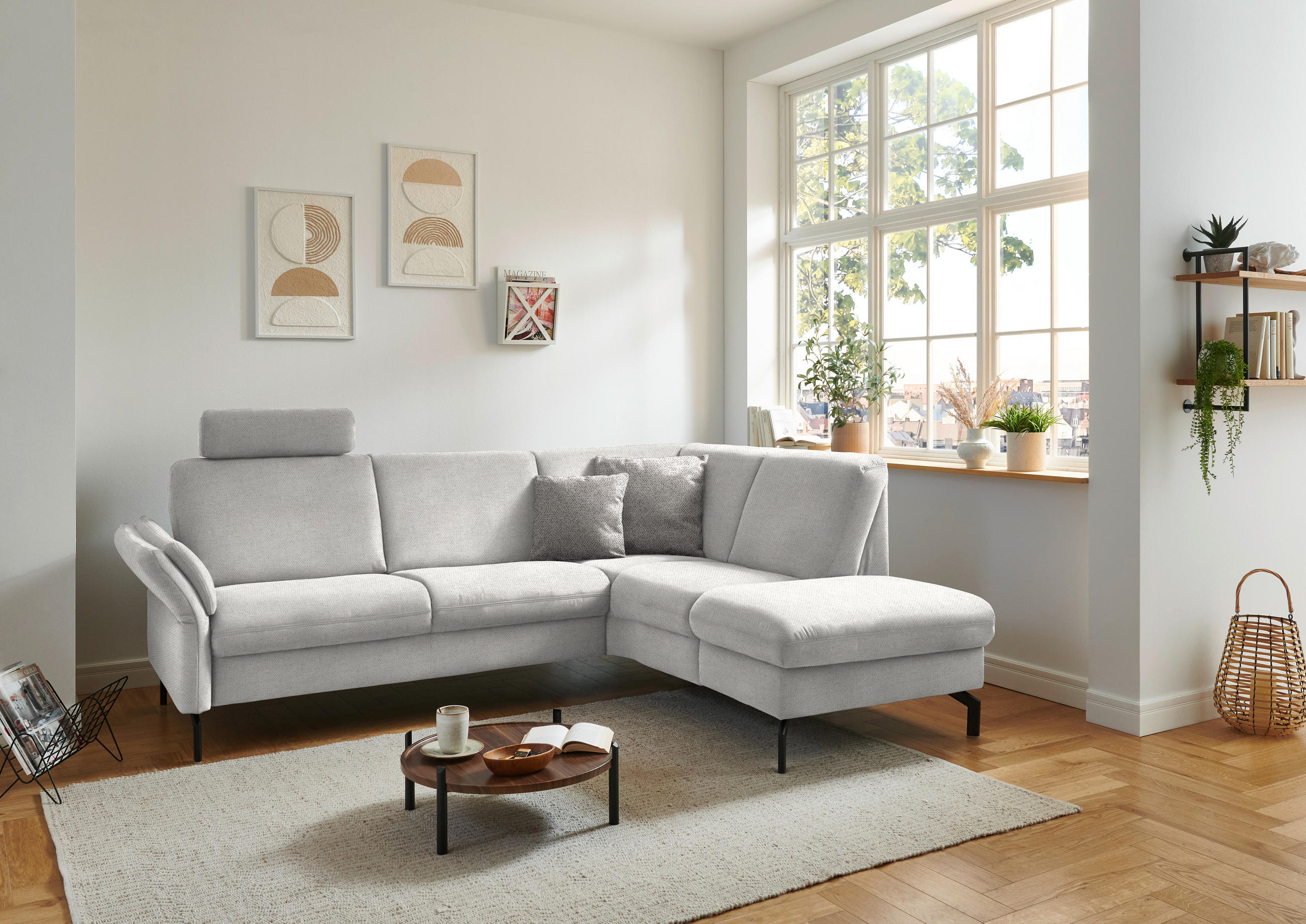 ECKSOFA in Flachgewebe Alabasterfarben  - Alabasterfarben/Schwarz, Konventionell, Textil/Metall (241/190cm) - Beldomo Comfort