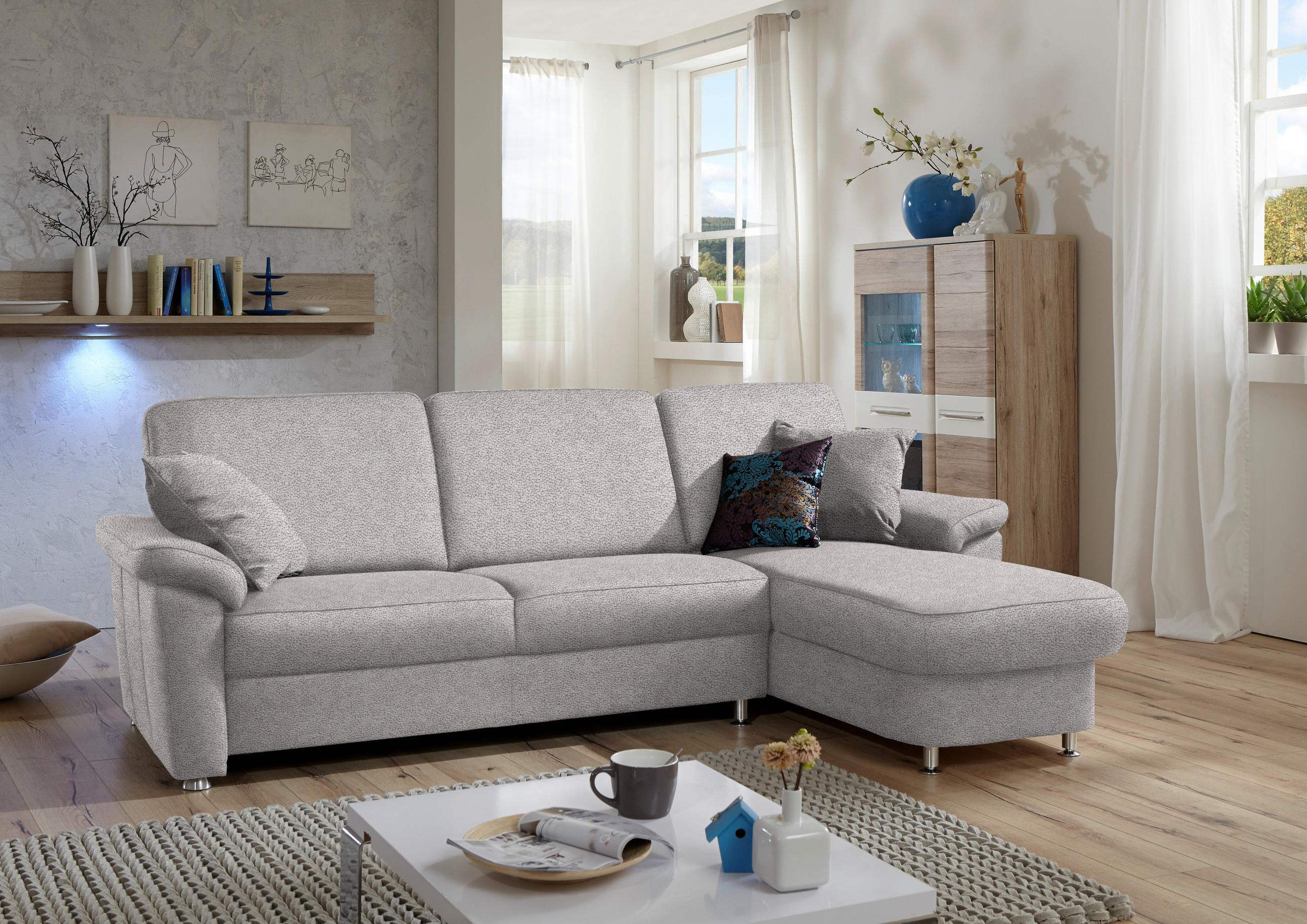 ECKSOFA in Flachgewebe Hellgrau  - Chromfarben/Hellgrau, Konventionell, Textil/Metall (250/163cm) - Beldomo System