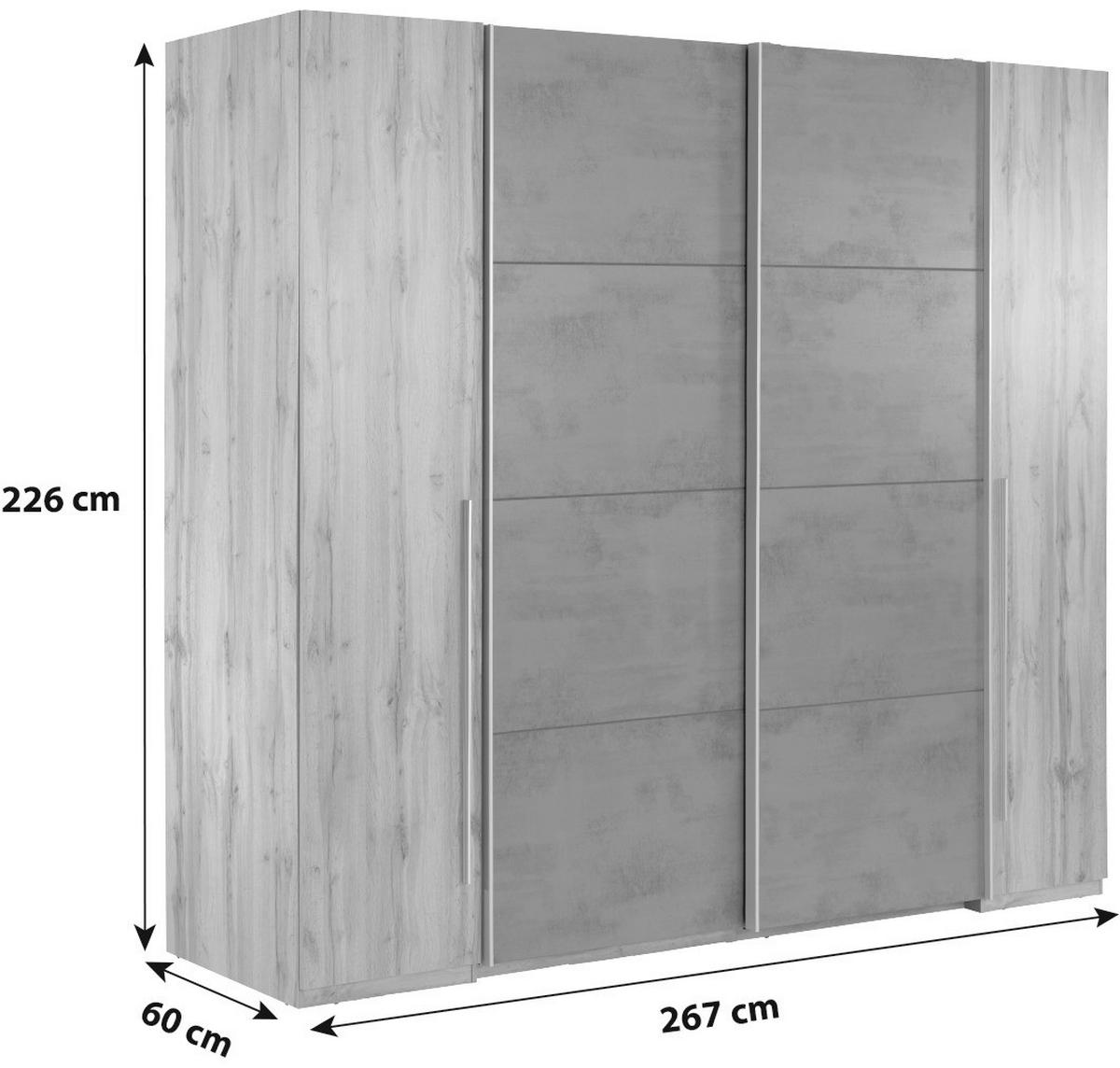 SCHWEBETÜRENSCHRANK 267/226/60 cm 4-türig Graphitfarben, Eichefarben  - Eichefarben/Alufarben, MODERN, Kunststoff/Metall (267/226/60cm) - MID.YOU