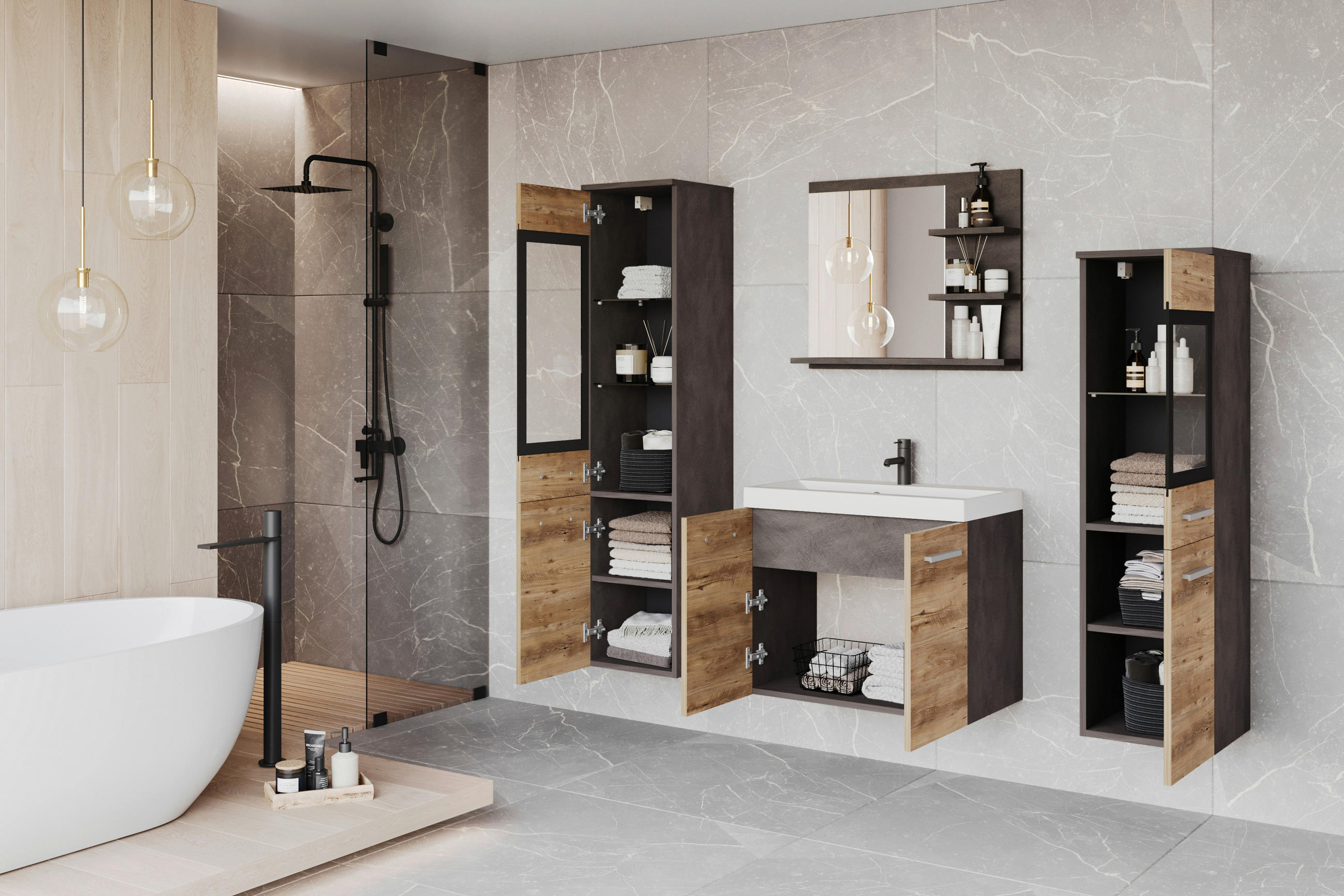 BADEZIMMER 5-teilig  in  - Kastanieneichefarben/Weiss, Lifestyle, Glas/Keramik (120,4/131,5/34,5cm) - P & B
