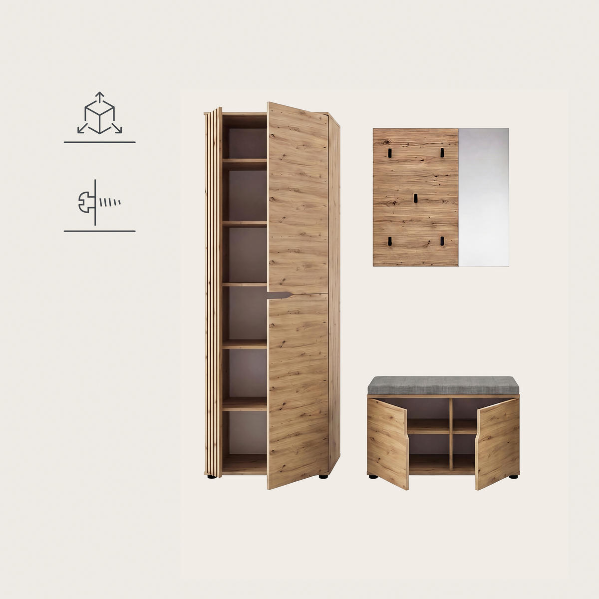 GARDEROBE 3-teilig  in 160/191/37 cm  - Eiche Artisan, Design, Holzwerkstoff (160/191/37cm) - MID.YOU