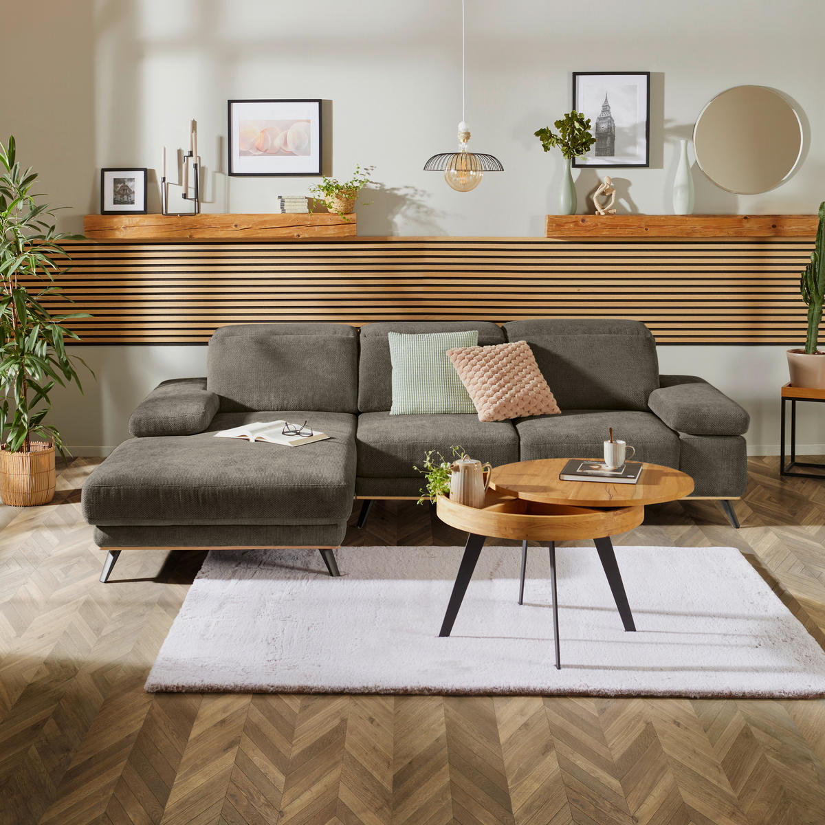 ECKSOFA ROYCE Olivgrün Struktur  - Schwarz/Olivgrün, MODERN, Textil/Metall (194/283cm) - MID.YOU