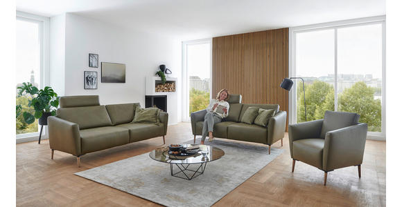 2-SITZER-SOFA Olivgrün Echtleder - Eichefarben/Beige, Natur, Leder/Holz (182/86/87cm) - Valnatura