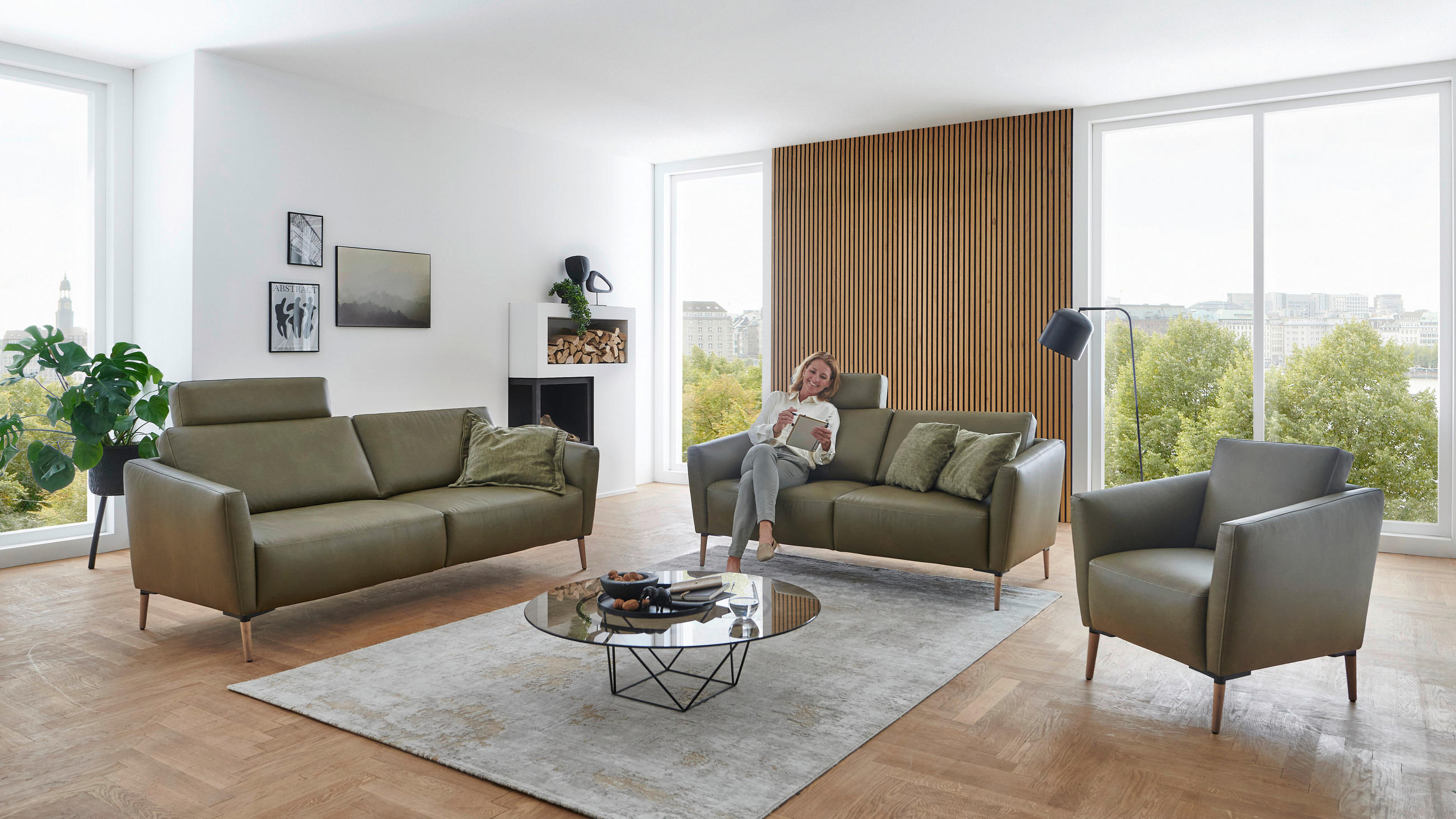 2-SITZER-SOFA Olivgrün Echtleder  - Eichefarben/Beige, Natur, Leder/Holz (182/86/87cm) - Valnatura