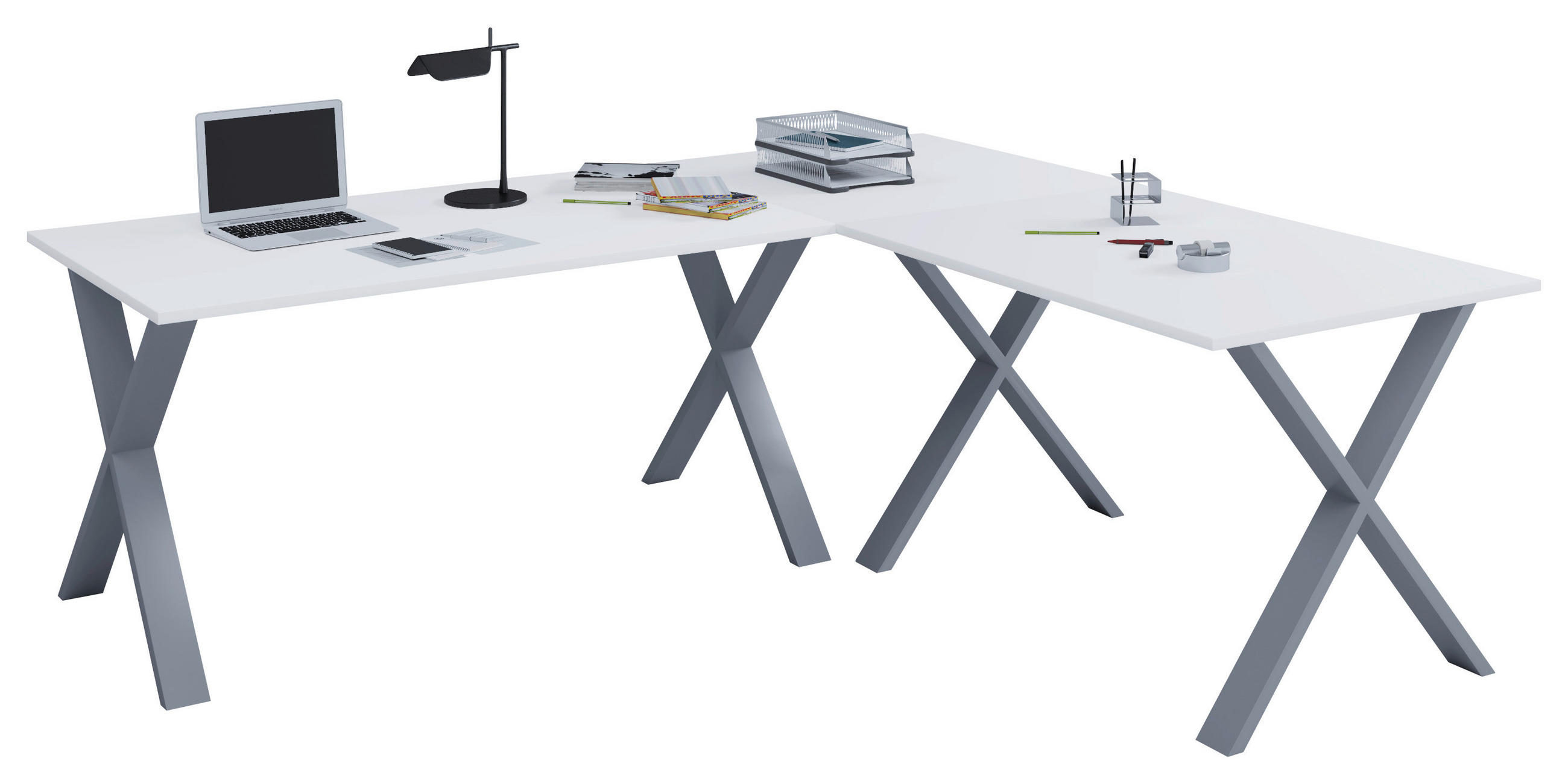 ECKSCHREIBTISCH 220/80/76 cm  in Silberfarben, Weiß  - Silberfarben/Weiß, MODERN, Holzwerkstoff/Metall (220/80/76cm) - MID.YOU