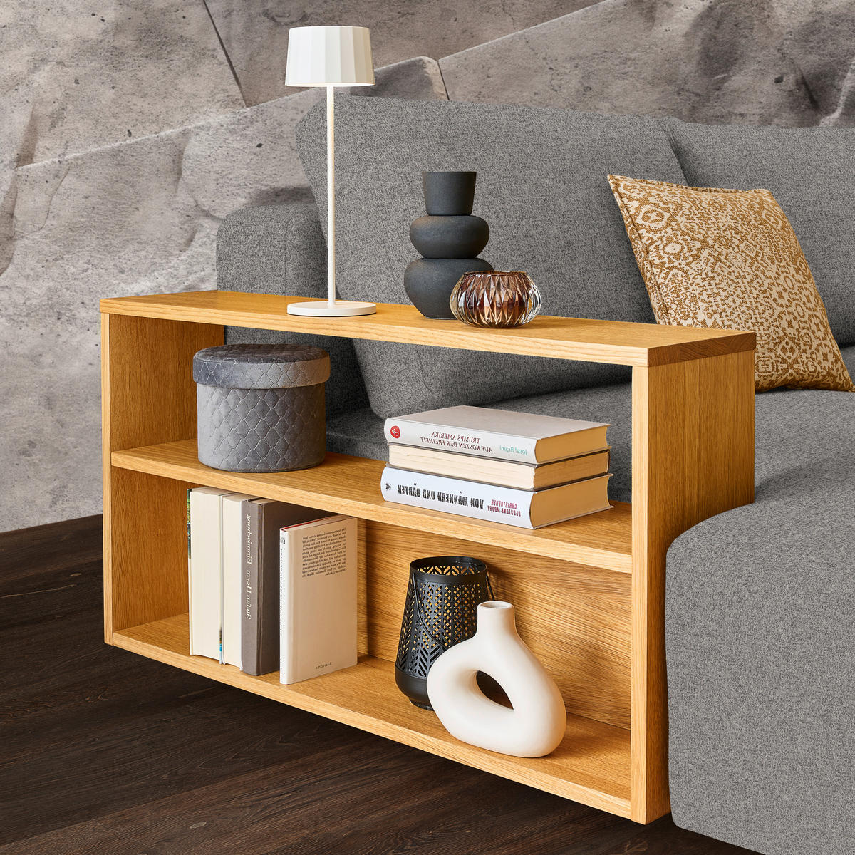 ECKSOFA in Flachgewebe Grau  - Eichefarben/Grau, Design, Holz/Textil (190/307cm) - Joka