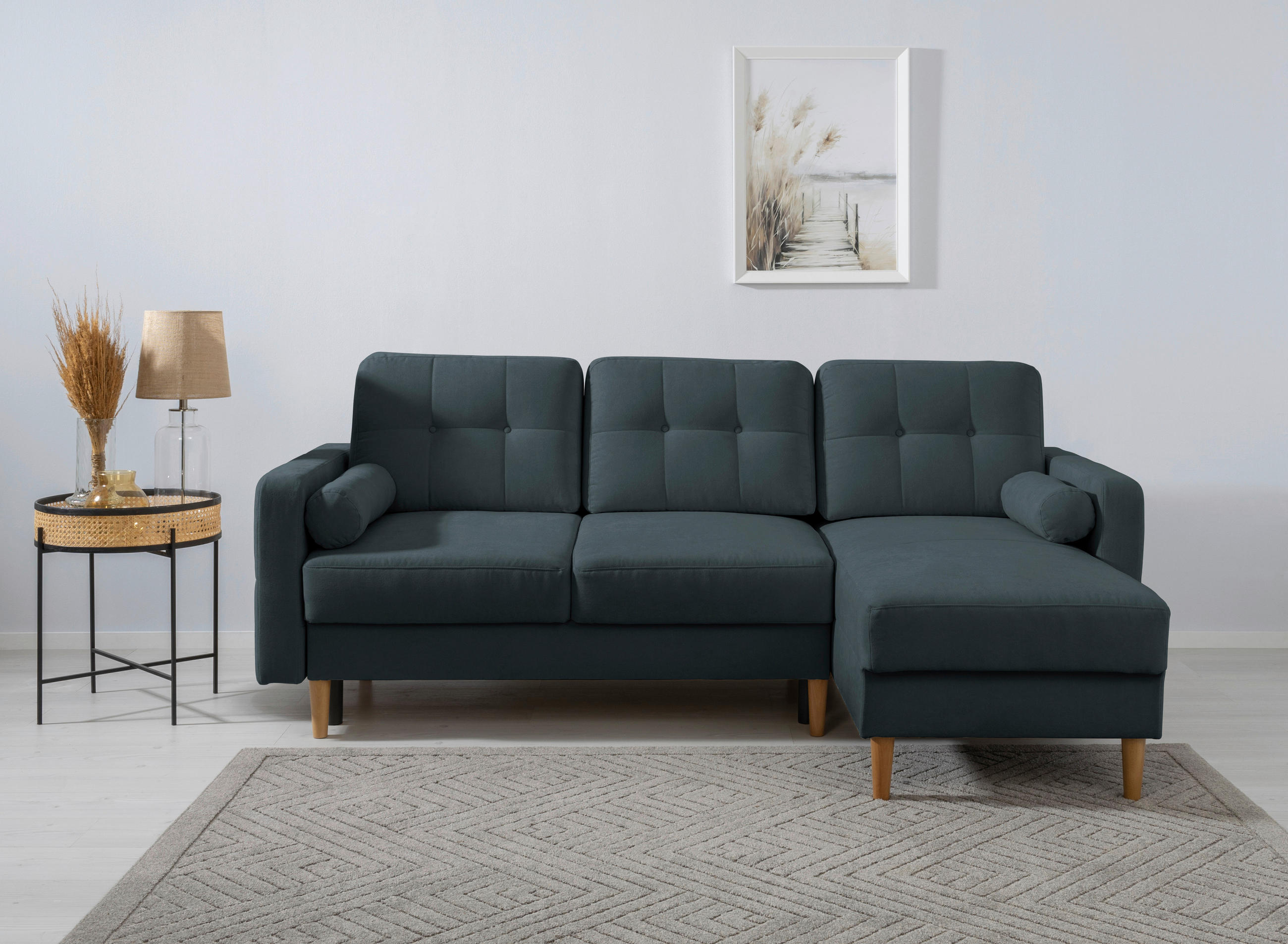 ECKSOFA Noret Dunkelblau Rückenkissen, Armlehnenkissen, Bettkasten, Schlaffunktion  - Buchefarben/Dunkelblau, Design, Holz/Textil (223/157cm) - MID.YOU