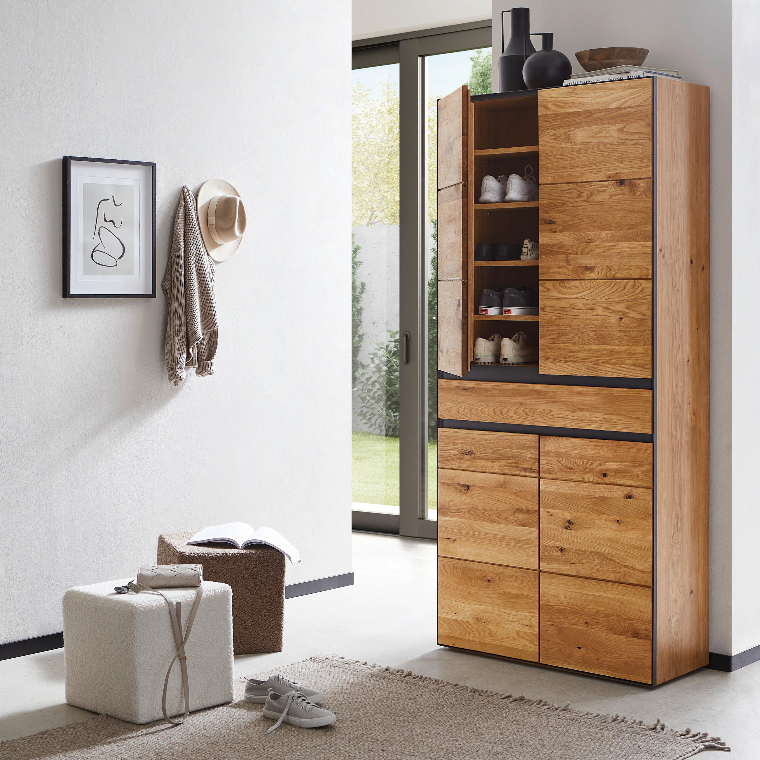 SCHUHSCHRANK Wildeiche furniert, massiv Anthrazit, Eichefarben  - Wildeiche/Eichefarben, Natur, Holz/Holzwerkstoff (89/200/38cm) - Linea Natura
