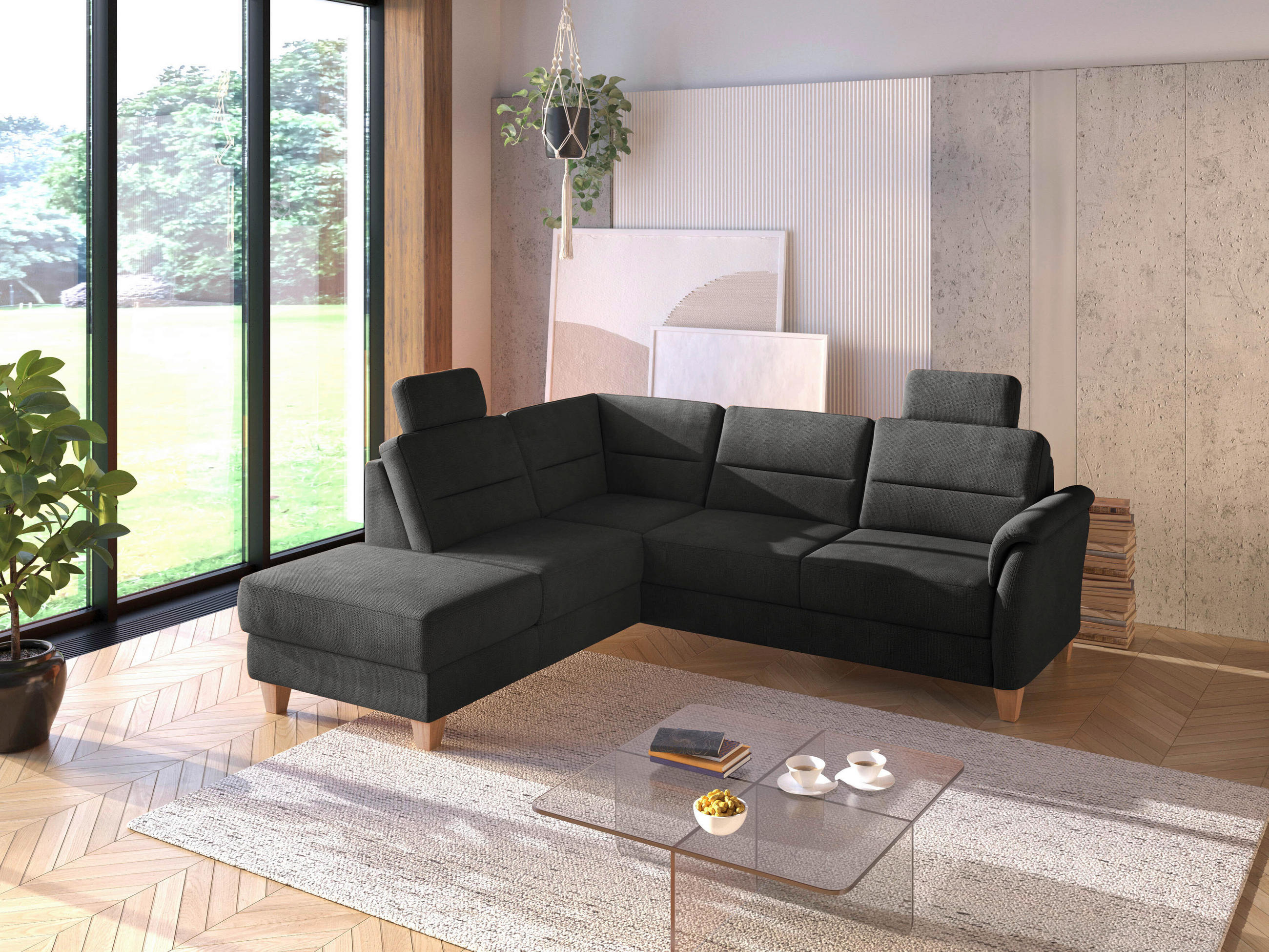 ECKSOFA PALMERA V Schwarz Flachgewebe Kopfstütze, Liegefläche im Originalstoff  - Eichefarben/Schwarz, KONVENTIONELL, Holz/Textil (212/236cm) - Sit & More