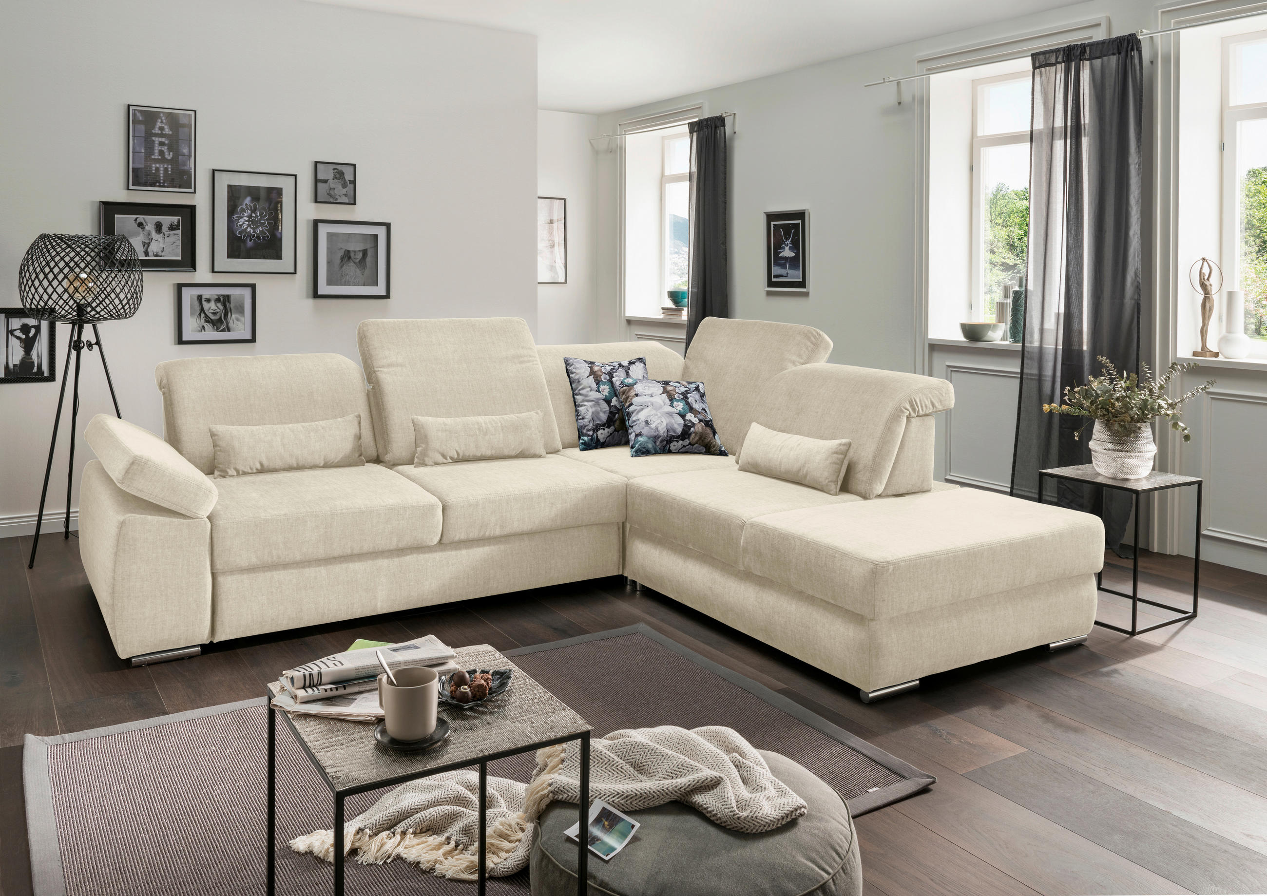 ECKSOFA mit Schlaffunktion Creme Velours  - Chromfarben/Creme, MODERN, Textil/Metall (297/250cm) - Livetastic