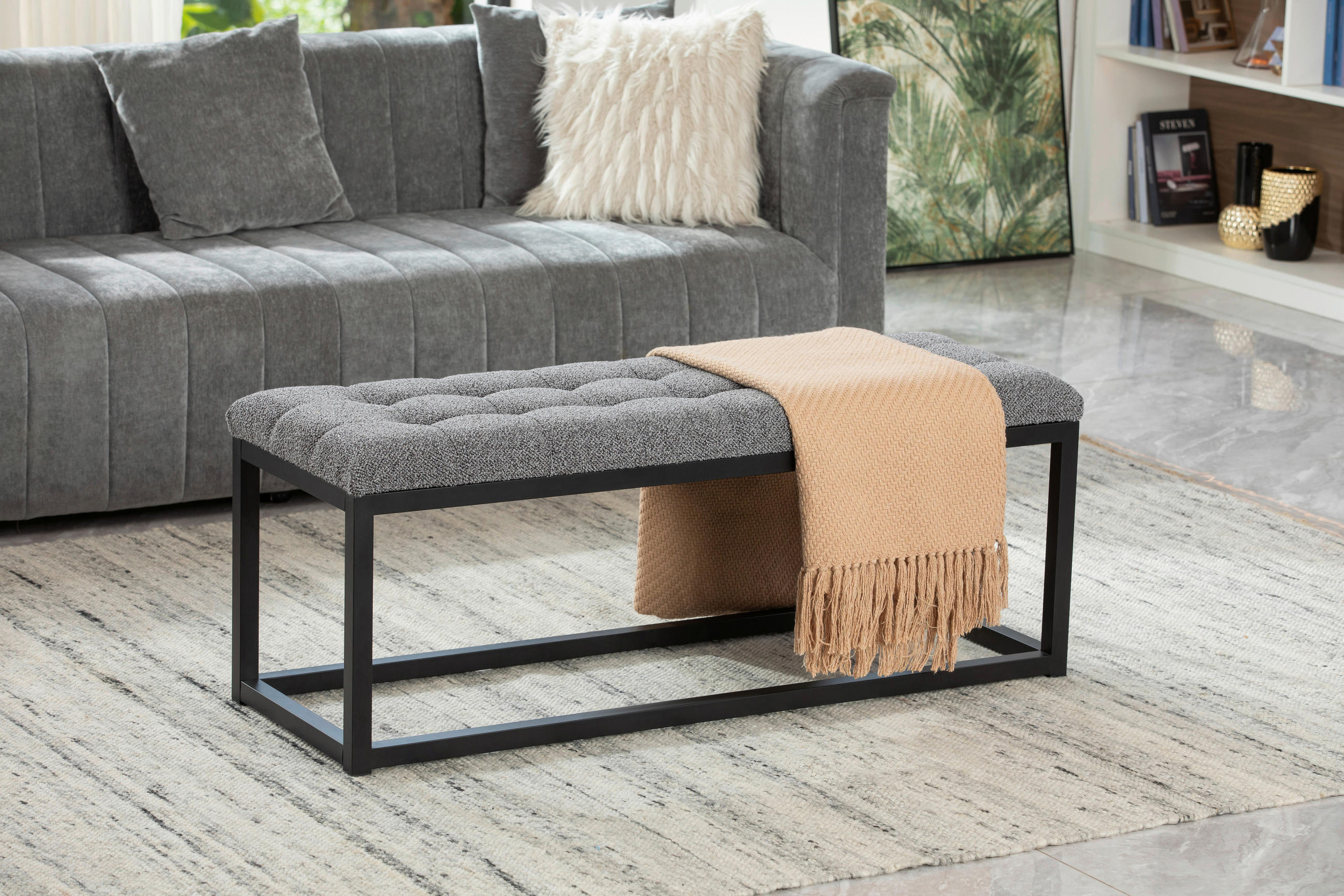 HOCKERBANK 120/45/42 cm Bouclé Grau  - Schwarz/Grau, Design, Textil/Metall (120/45/42cm) - MID.YOU