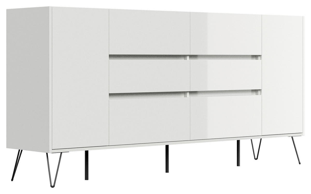 SIDEBOARD Posseik Industrial 199/93,6/42 cm 6 Schublade(n)  - Weiß Hochglanz/Schwarz, Design, Holzwerkstoff/Metall (199/93,6/42cm) - P & B