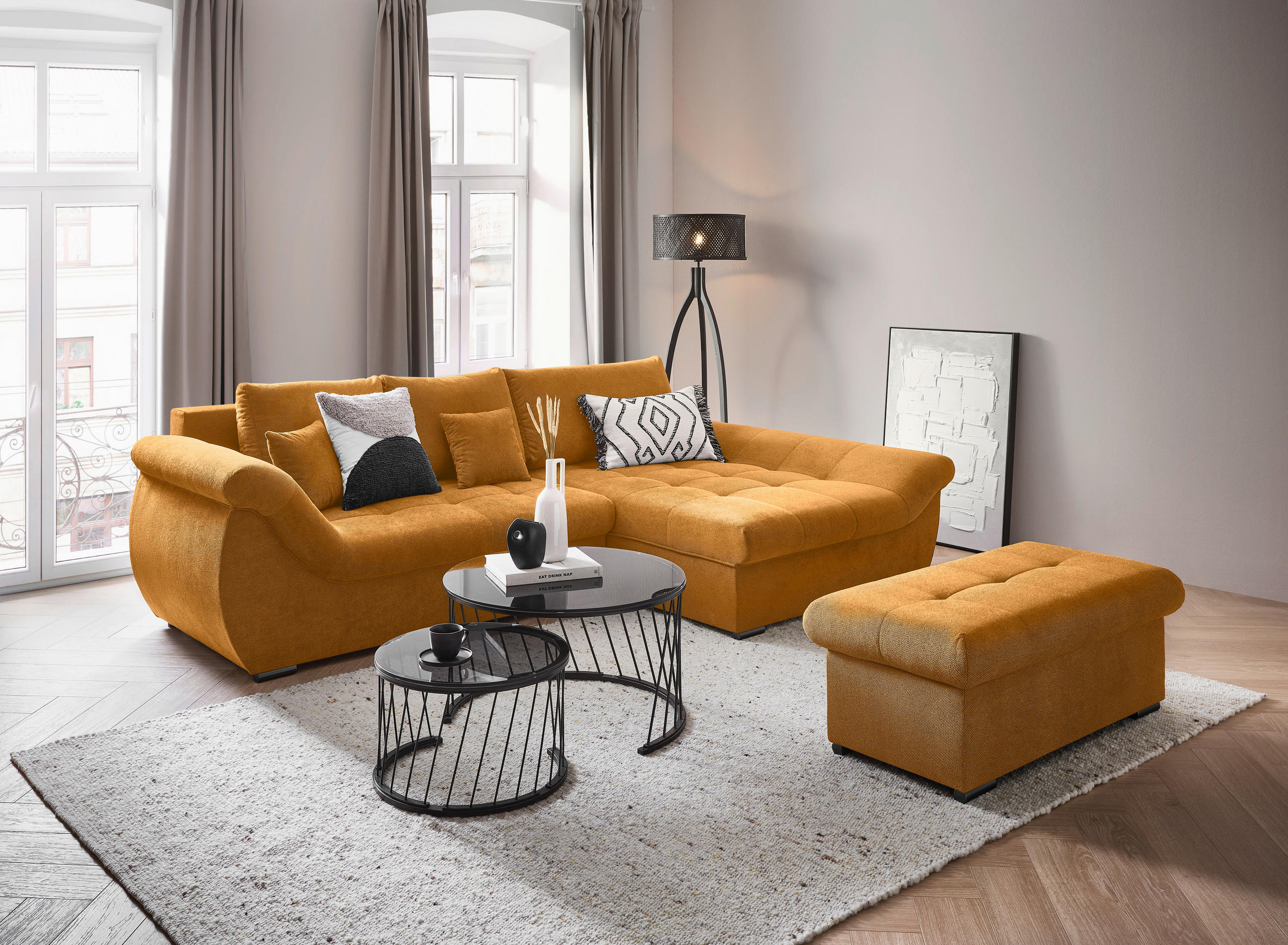 ECKSOFA Senfgelb Flachgewebe  - Senfgelb/Schwarz, Design, Kunststoff/Textil (278/175cm) - Xora