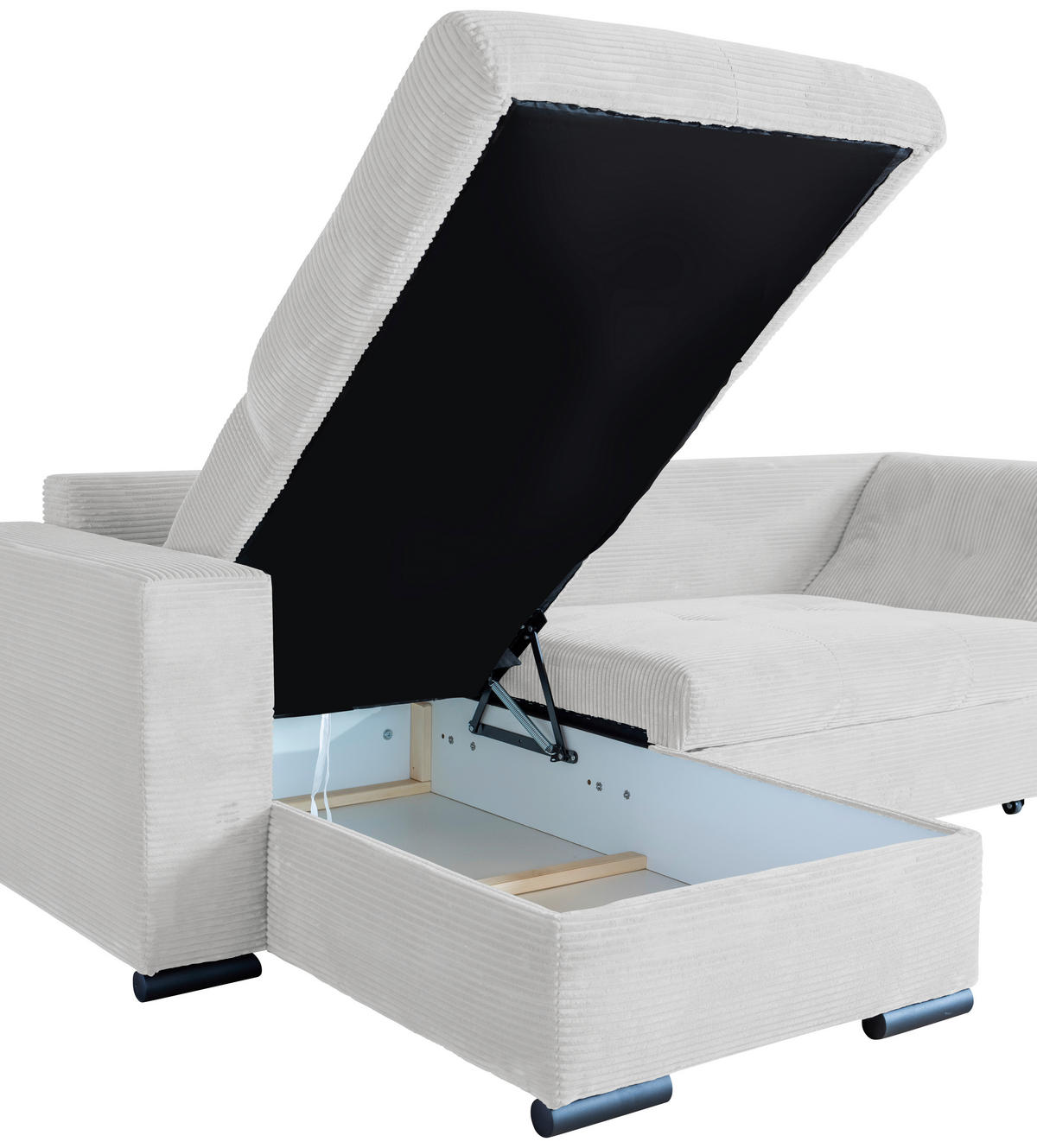 ECKSOFA Perlmutt Cord Zierkissen, Rückenkissen, Bettkasten, Schlaffunktion, Rücken echt, Liegefläche im Originalstoff  - Perlmutt/Schwarz, KONVENTIONELL, Textil/Metall (168/258cm) - Carryhome