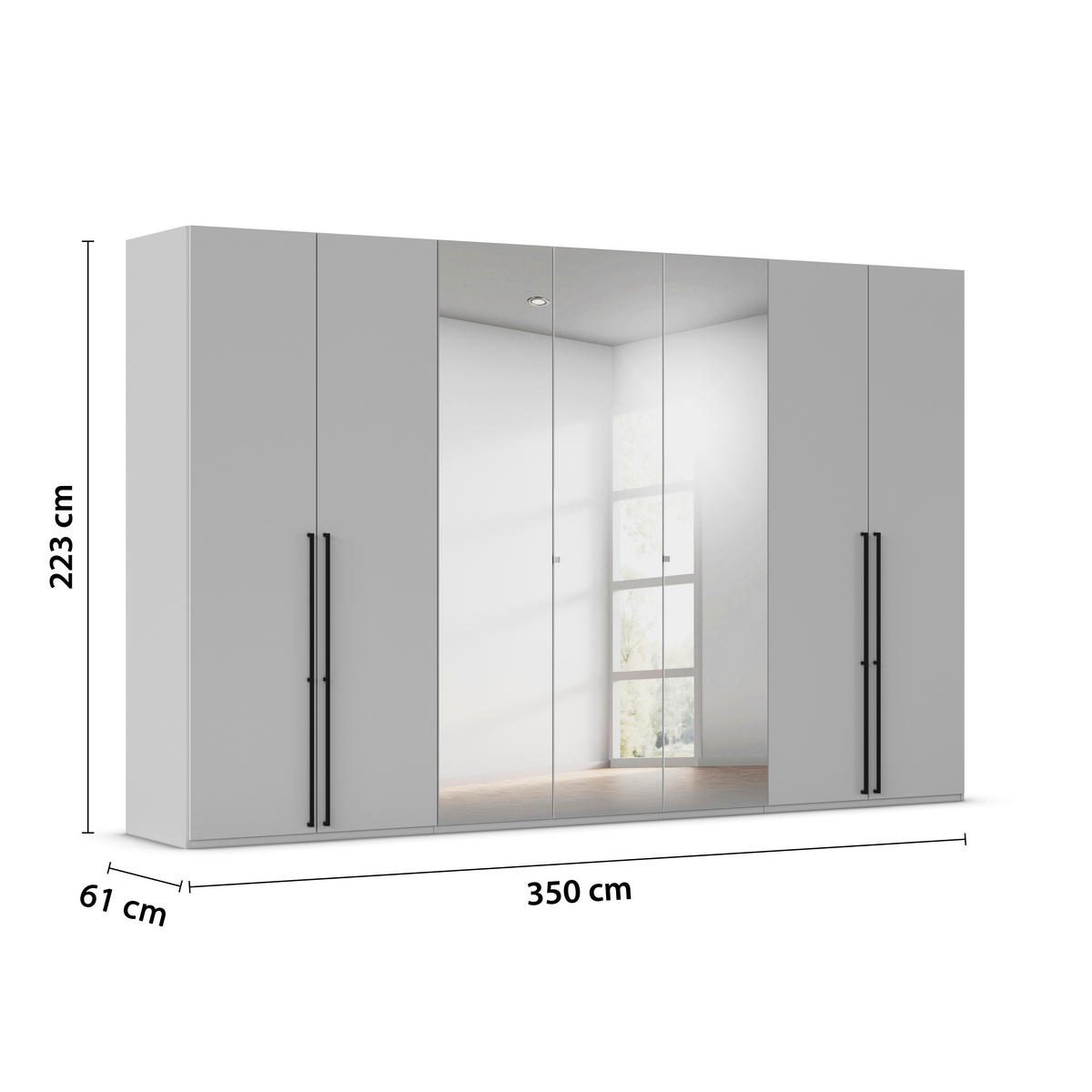 DREHTÜRENSCHRANK 350/223/61 cm,  in Graphitfarben, 7-türig  - Chromfarben/Schwarz, Basics, Glas/Holzwerkstoff (350/223/61cm) - Novel