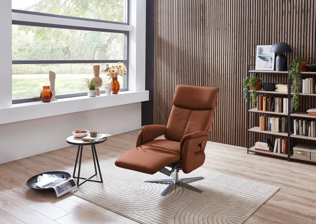 RELAXSESSEL in Leder Cognac  - Edelstahlfarben/Cognac, Design, Leder/Metall (70/124/85cm) - Cantus