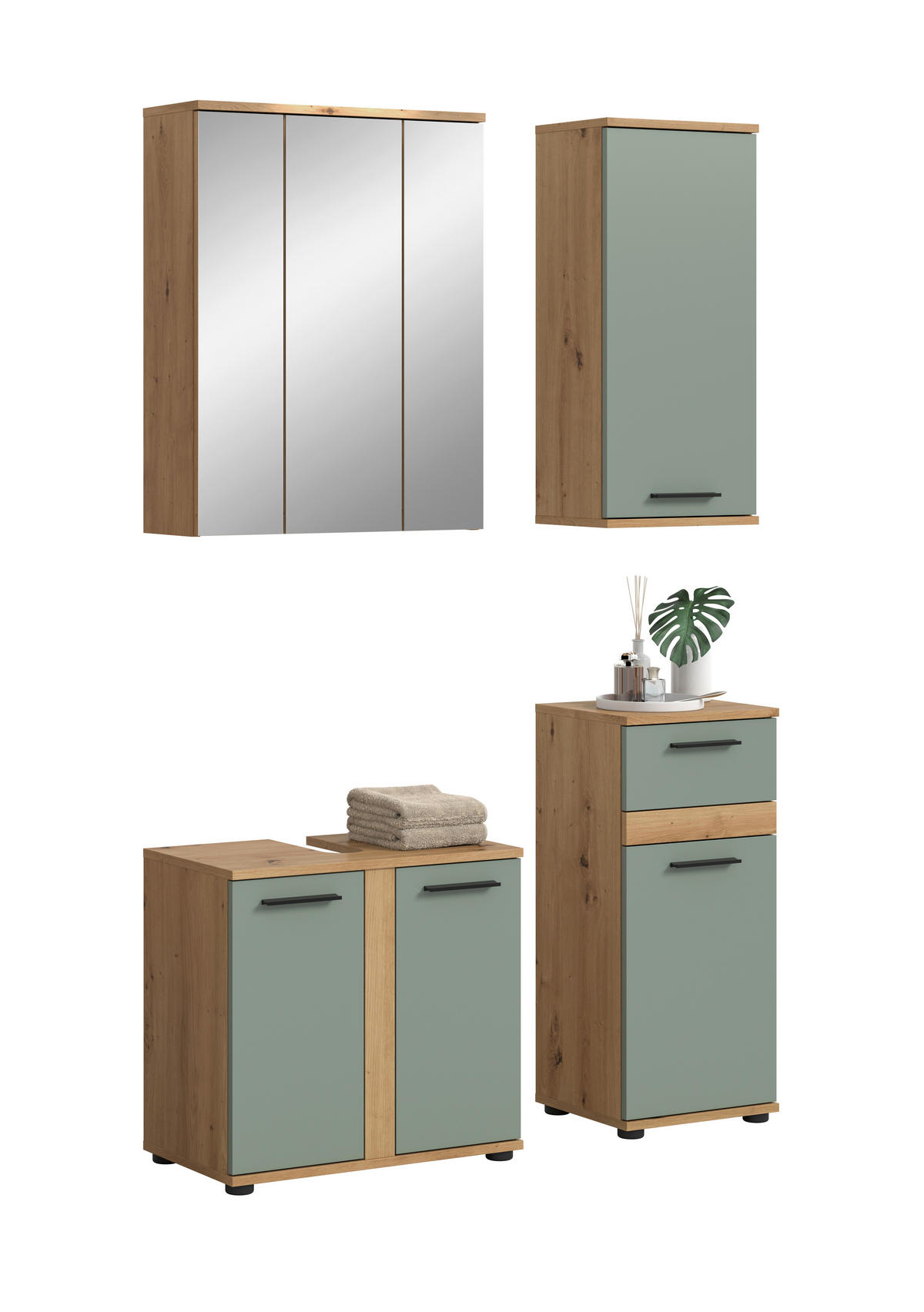 BADEZIMMER 4-teilig  in 110 cm  - Salbeigrün/Schwarz, Trend, Glas/Holzwerkstoff (110cm) - MID.YOU