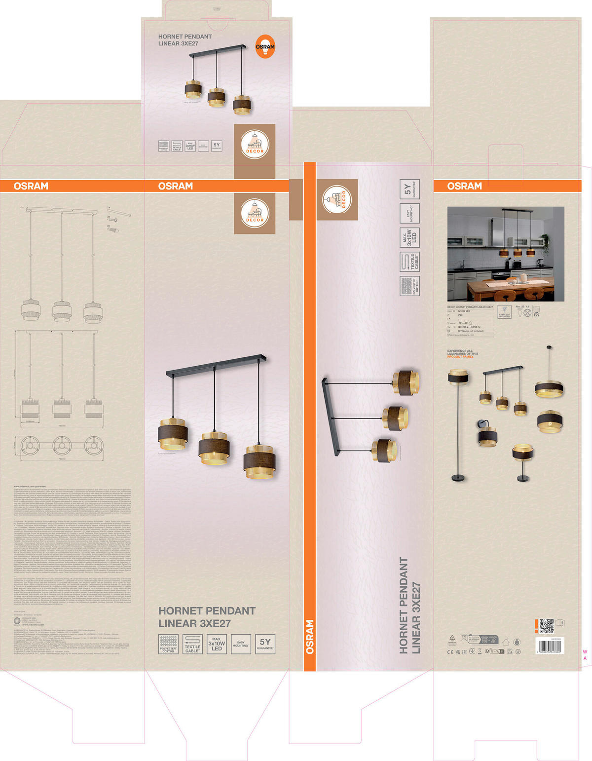 HÄNGELEUCHTE 78/18/150 cm  - Goldfarben/Schwarz, KONVENTIONELL, Textil/Metall (78/18/150cm) - Osram