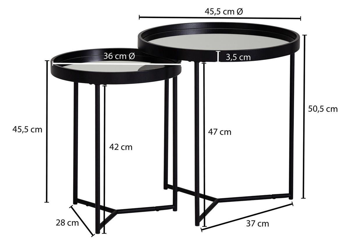 BEISTELLTISCHSET in Glas 45,5/45,5/50,5 cm  - Schwarz, Design, Glas/Metall (45,5/45,5/50,5cm) - MID.YOU