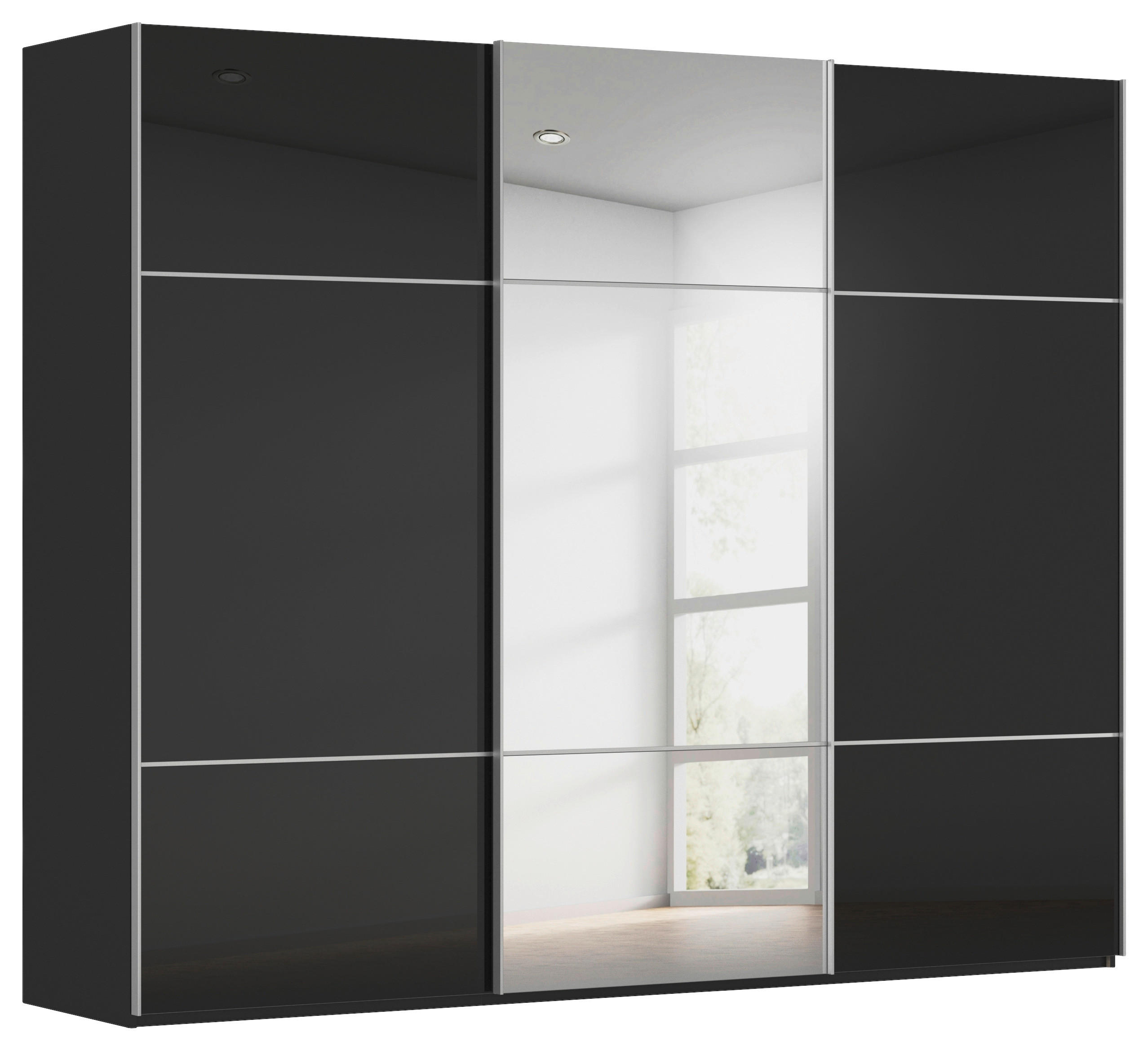 SCHWEBETÜRENSCHRANK 242/223/68 cm,  in Schwarz, 3 Tür(en)  - Alufarben/Schwarz, KONVENTIONELL, Glas/Holzwerkstoff (242/223/68cm) - Novel