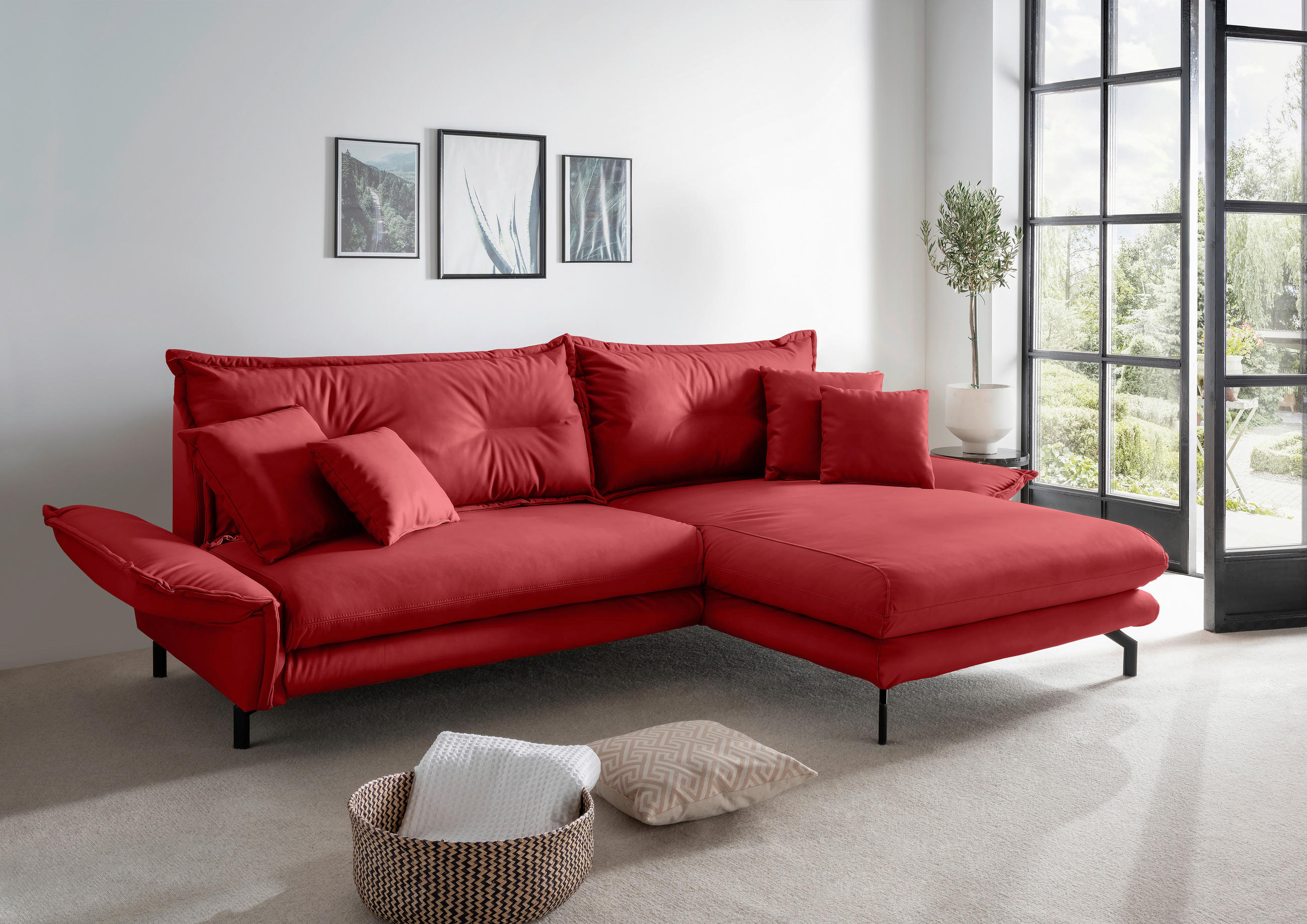 ECKSOFA Rot Lederlook  - Rot/Schwarz, MODERN, Textil/Metall (255/180cm) - Livetastic