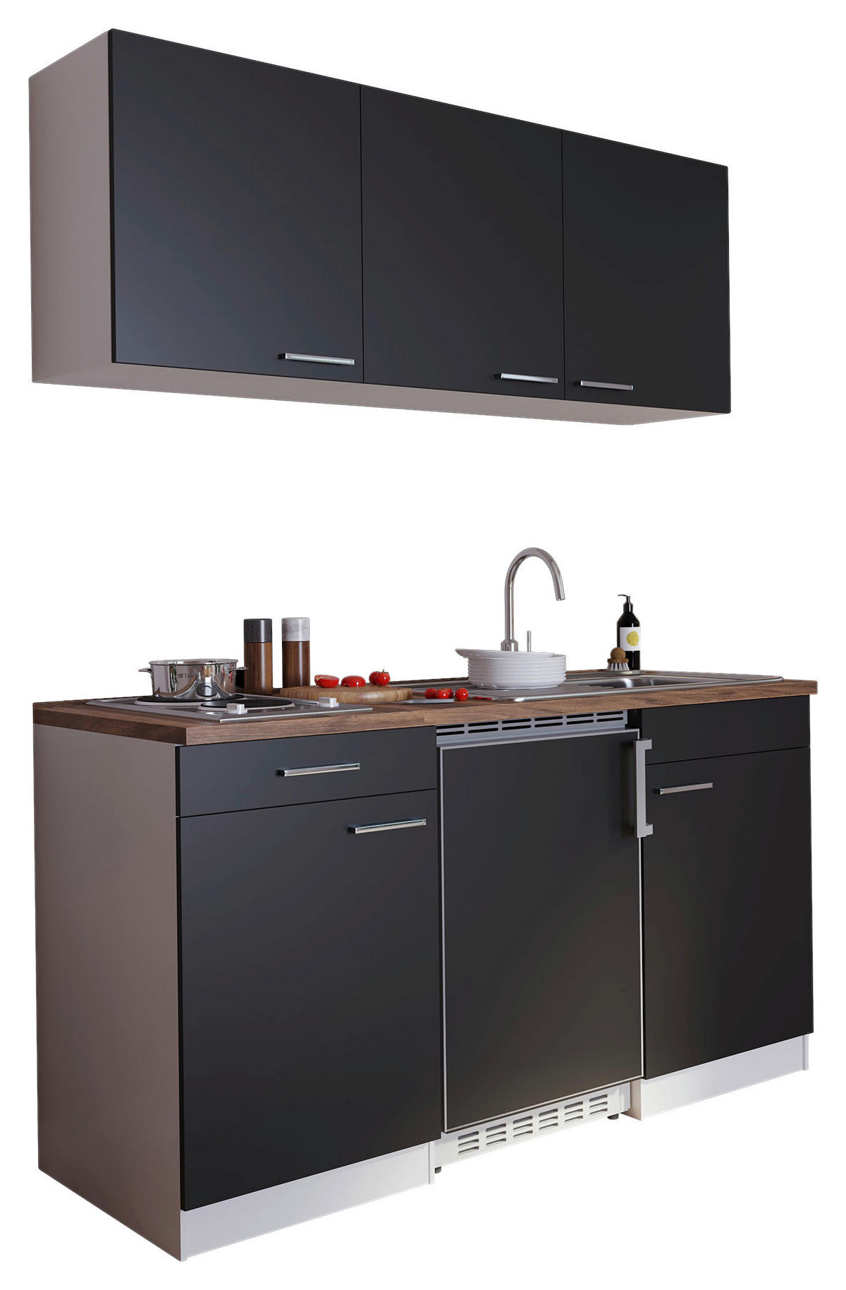 MINIKÜCHE 150 cm   in Schwarz  - Weiss/Edelstahlfarben, Basics, Holzwerkstoff/Kunststoff (150cm) - Respekta