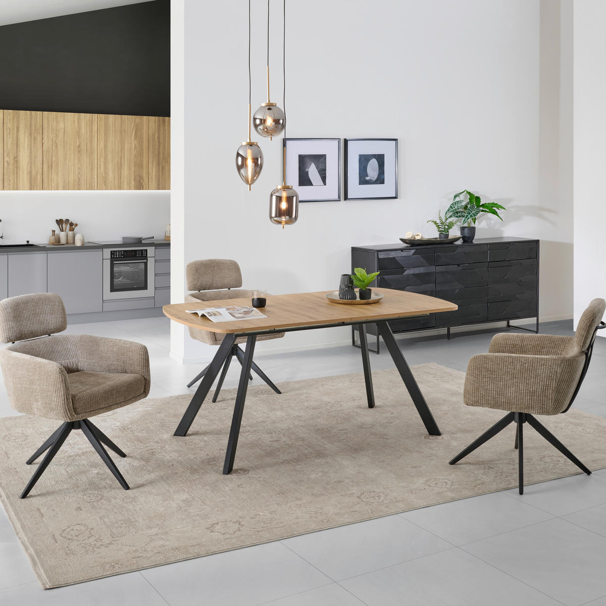 ESSTISCH Eiche Artisan rechteckig  ausziehbar  - Schwarz/Eiche Artisan, KONVENTIONELL, Holzwerkstoff/Metall (160-200/75/90cm) - MID.YOU