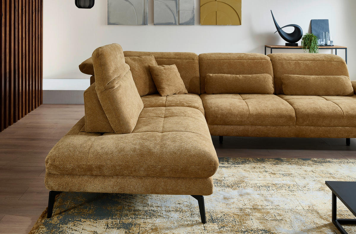 ECKSOFA Beldomo System Dunkelgelb Chenille Rücken echt, Kopfteilverstellung  - Dunkelgelb/Schwarz, Design, Textil/Metall (235/311cm) - Beldomo System