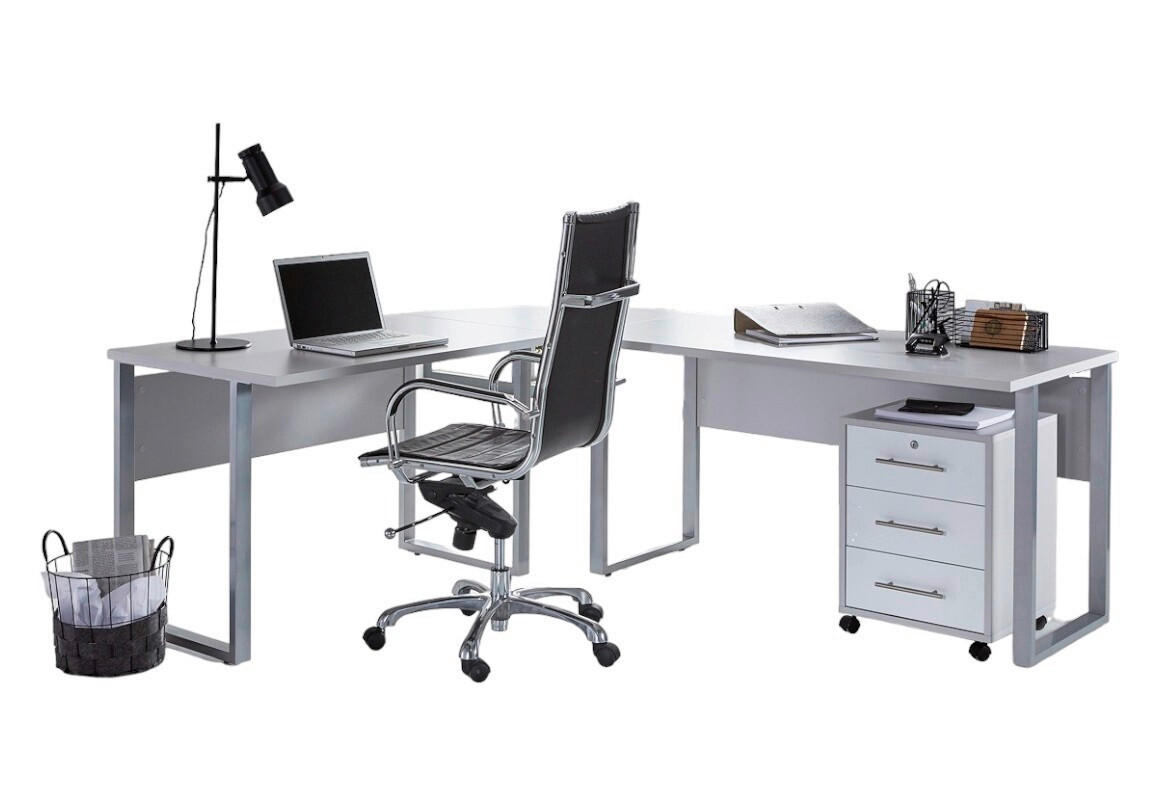 BÜRO erweiterbar, in verschiedenen Holz-Dekoren erhältlich, Schreibtisch seitenverkehrt montierbar, abschließbar Grau, Weiß Hochglanz - Weiß Hochglanz/Grau, MODERN, Holzwerkstoff - MID.YOU