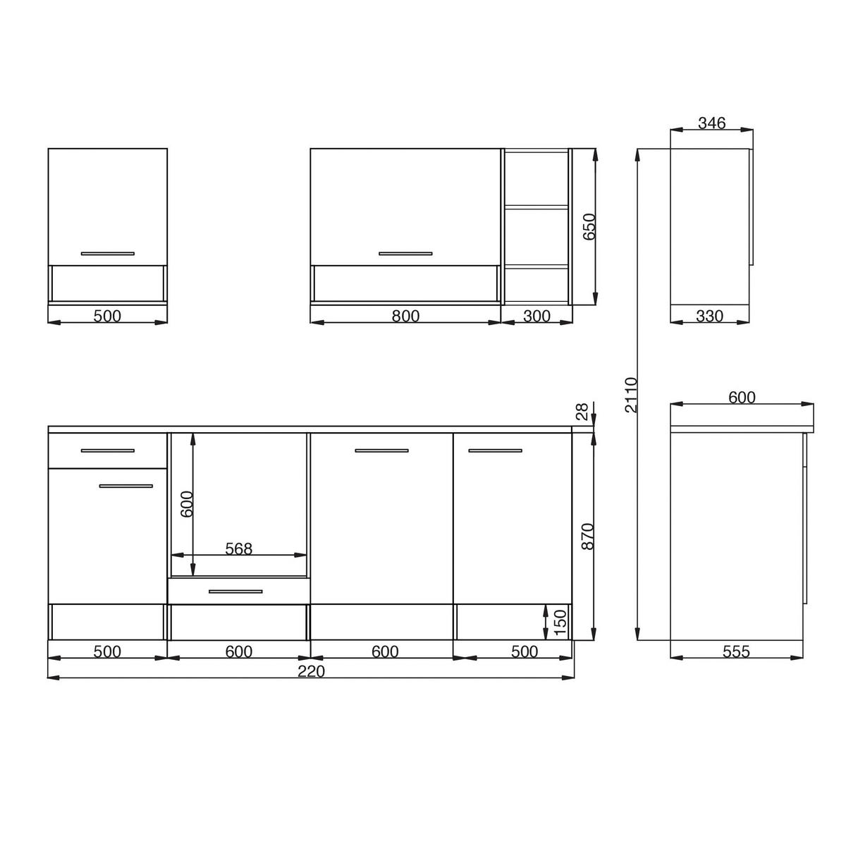 KÜCHENLEERBLOCK 220 cm   in Grau  - Wildeiche/Silberfarben, Basics, Holzwerkstoff/Metall (220cm) - Respekta