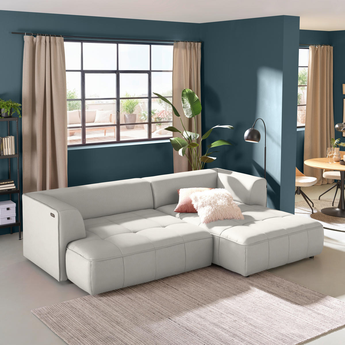 ECKSOFA Feincord Creme  - Creme/Schwarz, Design, Kunststoff/Textil (288/188cm) - Welnova