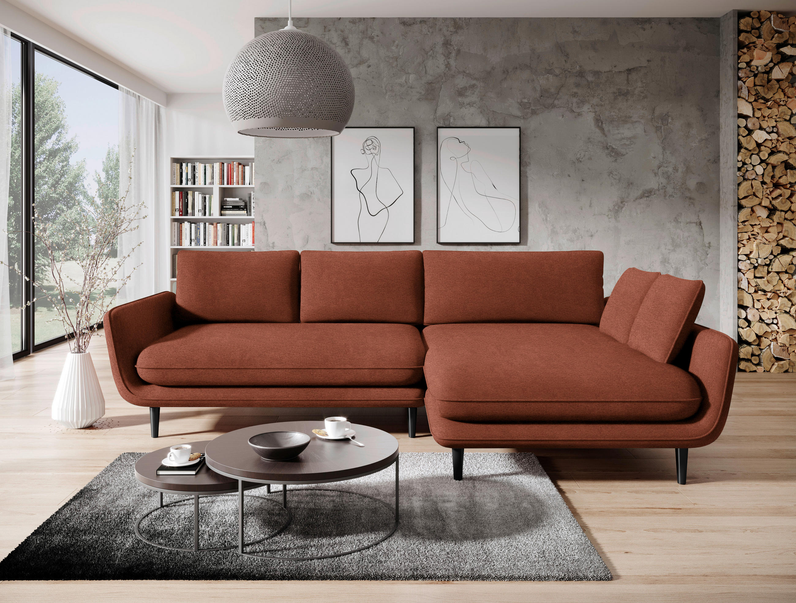 ECKSOFA in Velours Terracotta  - Terracotta/Schwarz, Design, Holz/Textil (260/167cm) - Welnova
