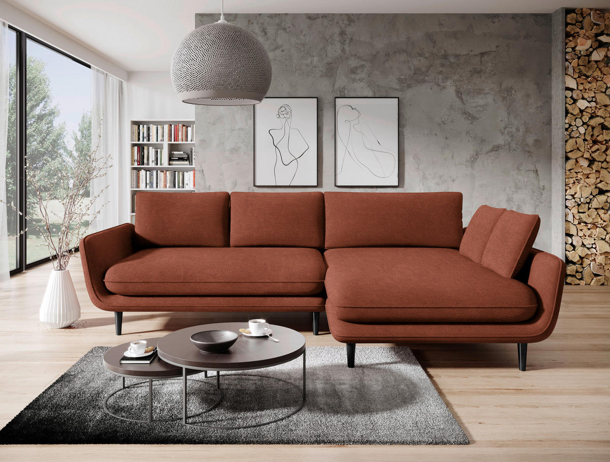 ECKSOFA in Velours Terracotta  - Terracotta/Schwarz, Design, Holz/Textil (260/167cm) - Welnova