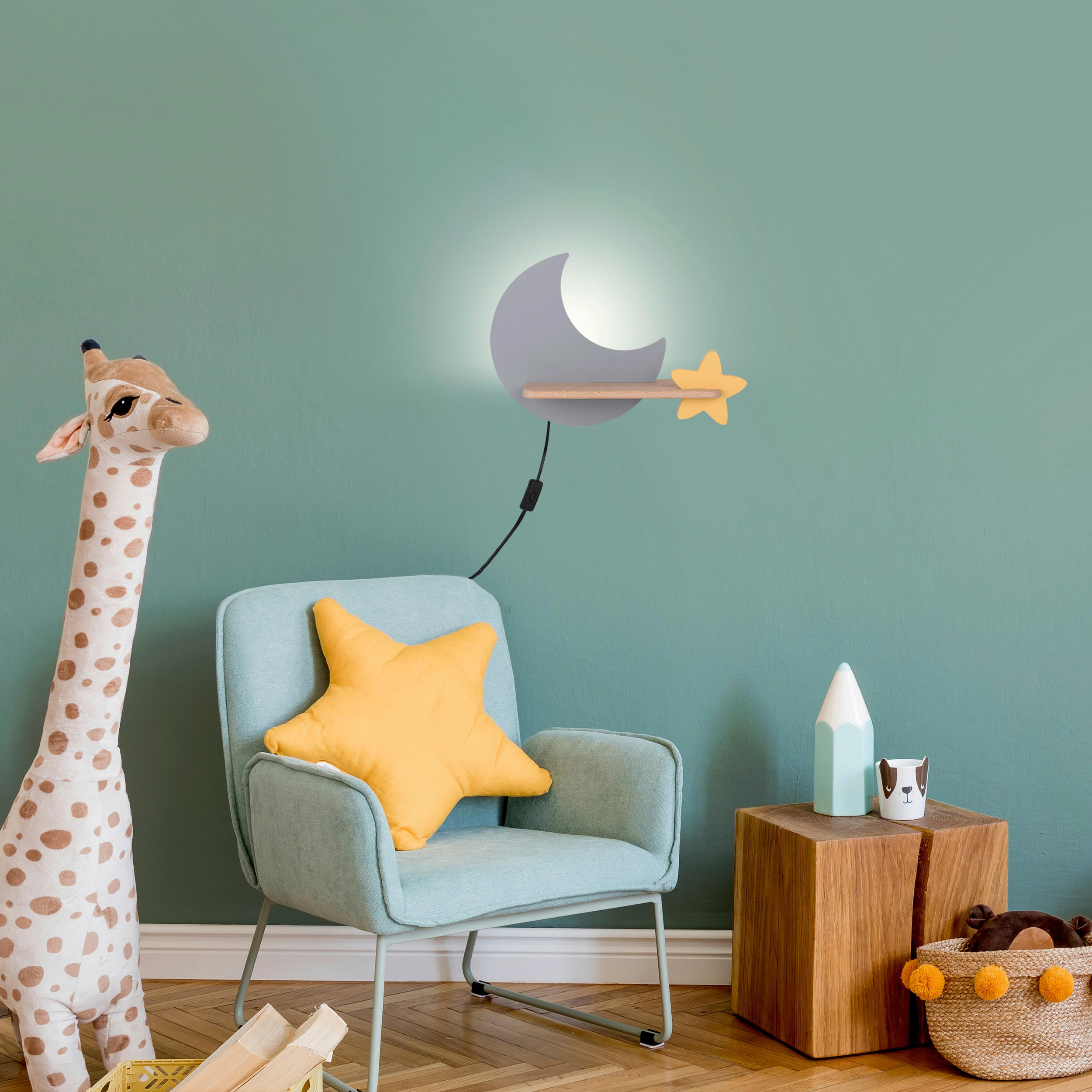 VÄGGLAMPA FÖR BARN Moon 39.5/12/27.5 cm   - grå/guldfärgad, Basics, metall/trämaterial (39.5/12/27.5cm)