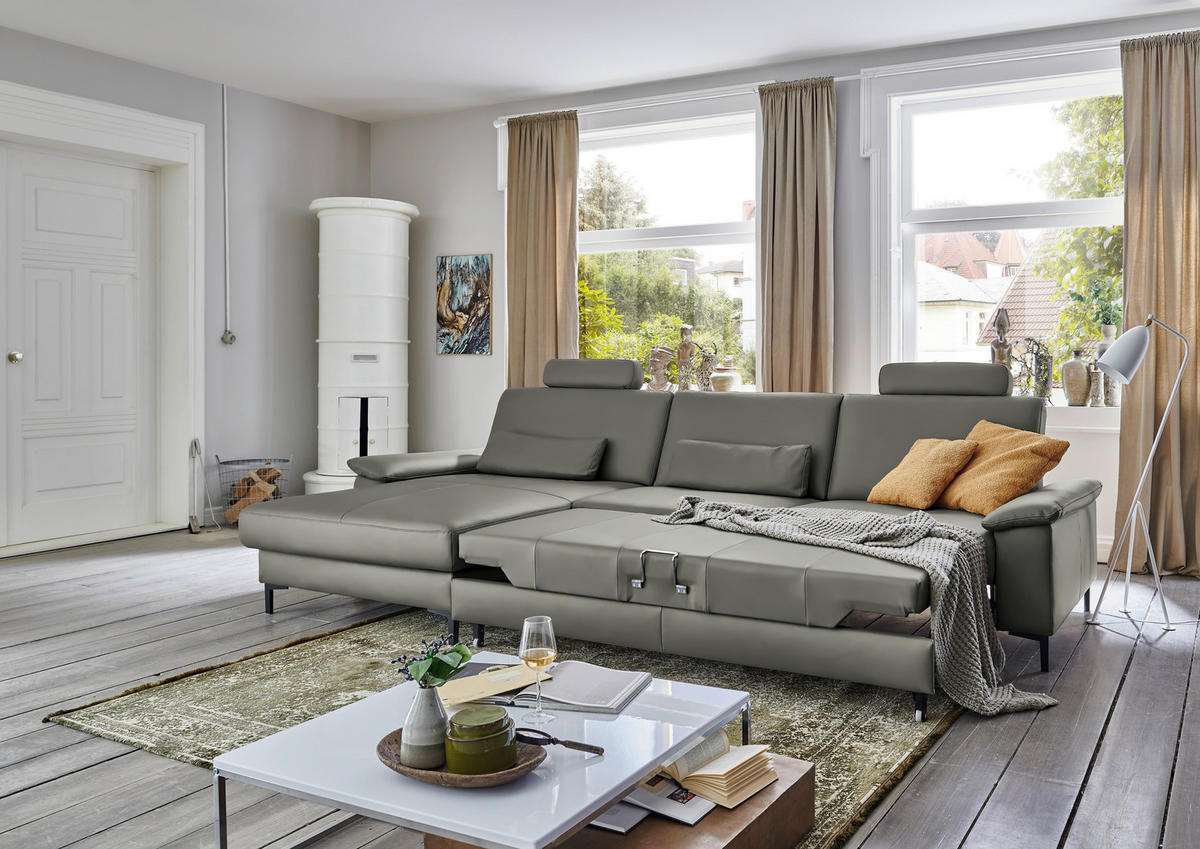 ECKSOFA in Echtleder Grau  - Schwarz/Grau, Design, Leder/Metall (176/334cm) - Dieter Knoll