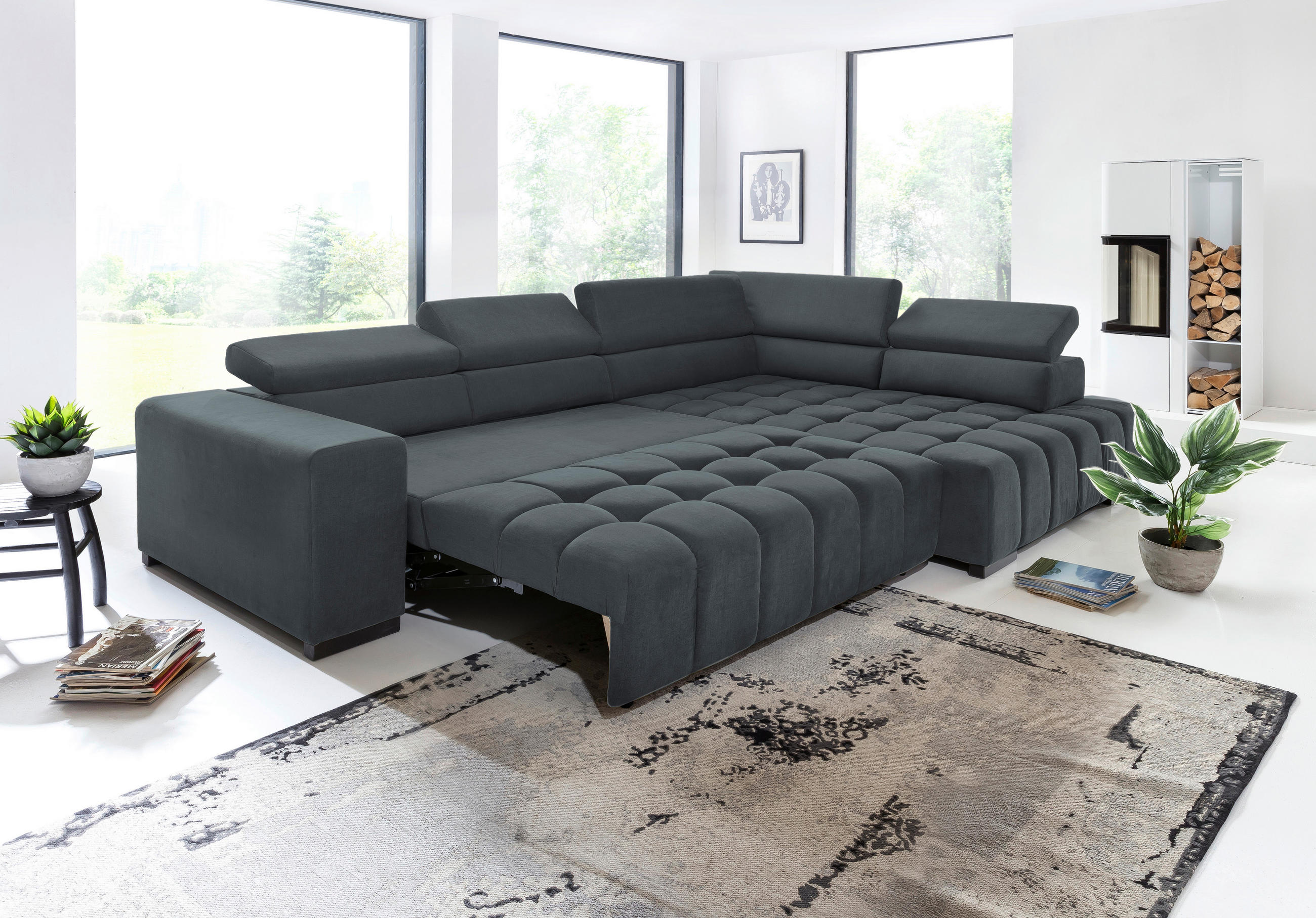 ECKSCHLAFSOFA in Dunkelgrau Textil   - Dunkelgrau/Schwarz, Design, Holz/Textil (307/201cm) - Livetastic