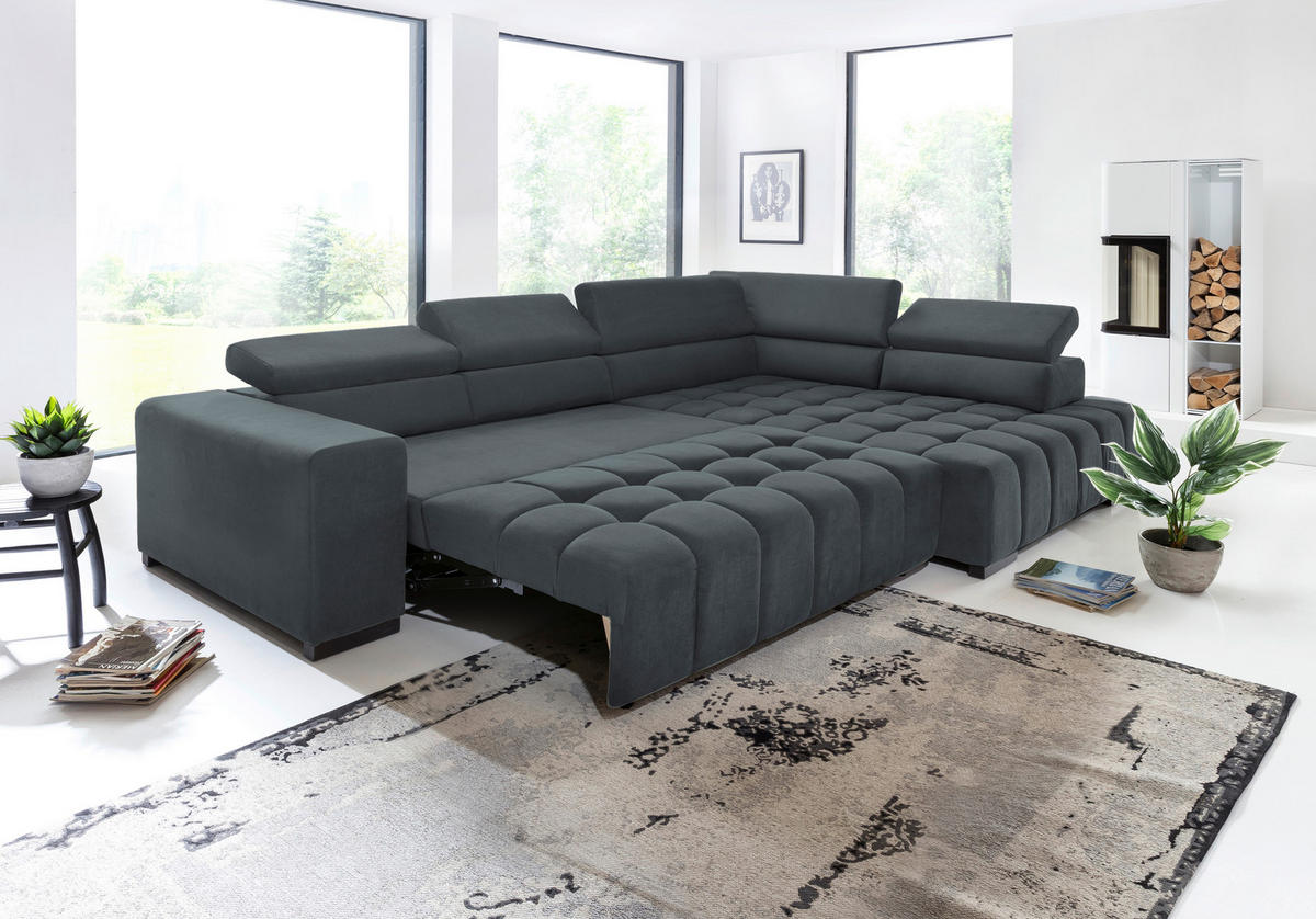 ECKSCHLAFSOFA in Dunkelgrau Textil   - Dunkelgrau/Schwarz, Design, Holz/Textil (307/201cm) - Livetastic