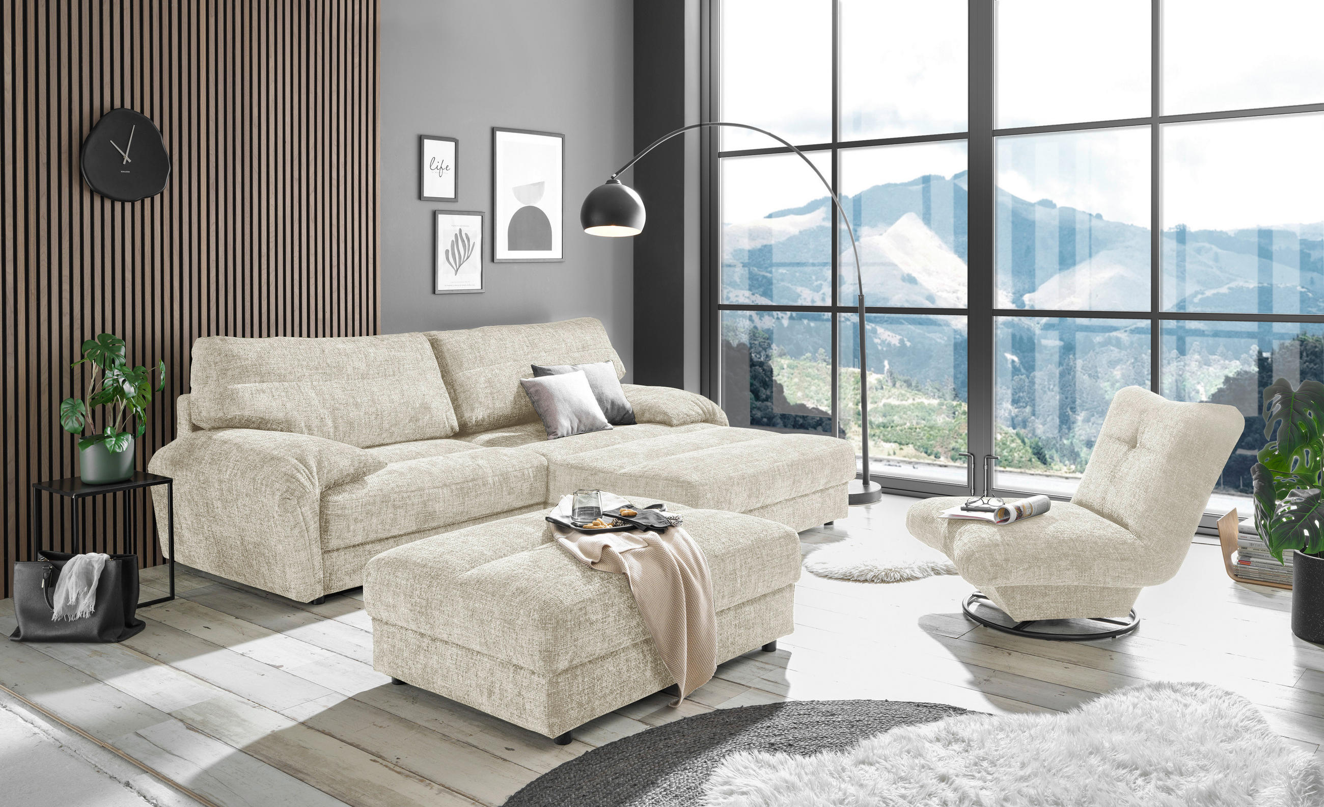 HOCKER Webstoff Beige  - Beige/Schwarz, KONVENTIONELL, Kunststoff/Textil (114/43/84cm) - MID.YOU