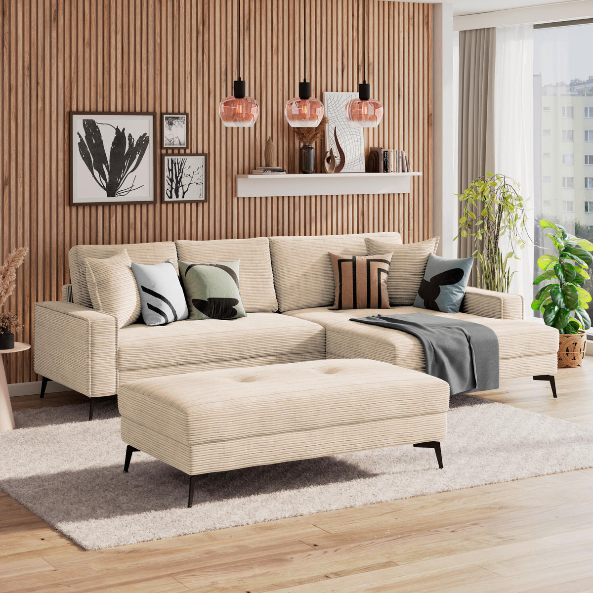 HOCKER ZERO Cord Creme  - Creme/Schwarz, Trend, Textil/Metall (140/46/80cm) - Livetastic