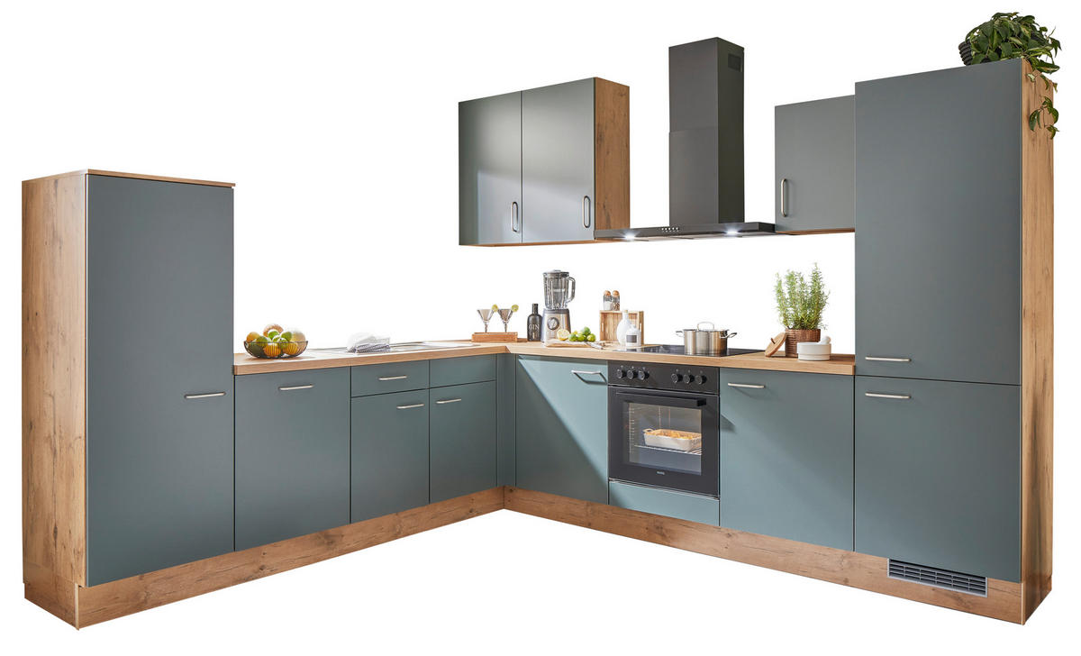 ECKKÜCHE 285/305 cm  in Grün, Eichefarben  - Edelstahlfarben/Eichefarben, Basics, Holzwerkstoff/Metall (285/305cm) - Venda
