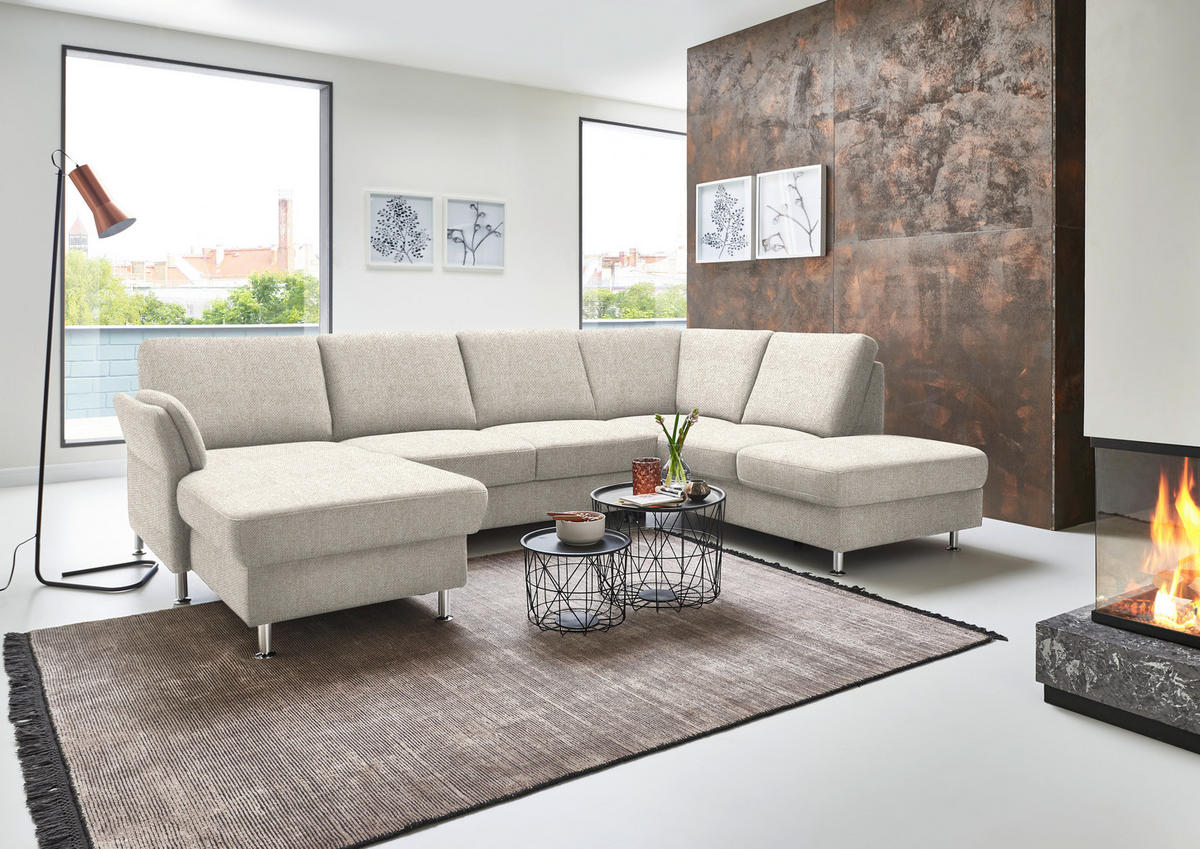 WOHNLANDSCHAFT in Flachgewebe Beige  - Chromfarben/Beige, Konventionell, Textil/Metall (168/305/200cm) - Beldomo System