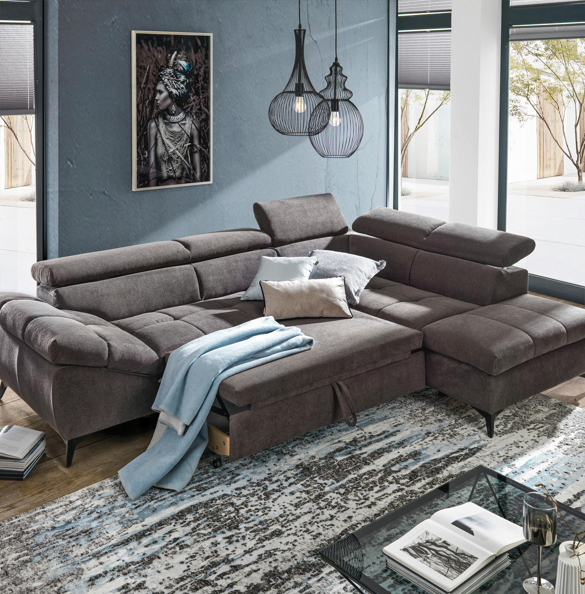 ECKSOFA in Mikrofaser Graubraun  - Graubraun/Schwarz, Design, Kunststoff/Textil (279/210cm) - Livetastic