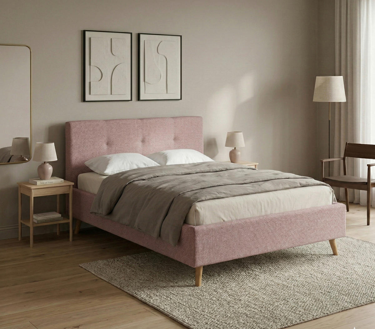 POLSTERBETT 180/200 cm,  in Pink,  - Pink/Eichefarben, MODERN, Holz/Textil (180/200cm) - MID.YOU