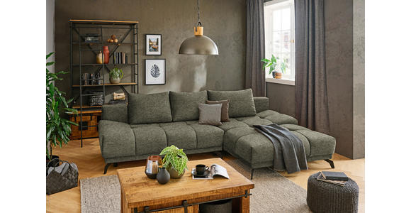 ECKSOFA in Chenille Olivgrün  - Schwarz/Olivgrün, MODERN, Textil/Metall (290/182cm) - Hom`in