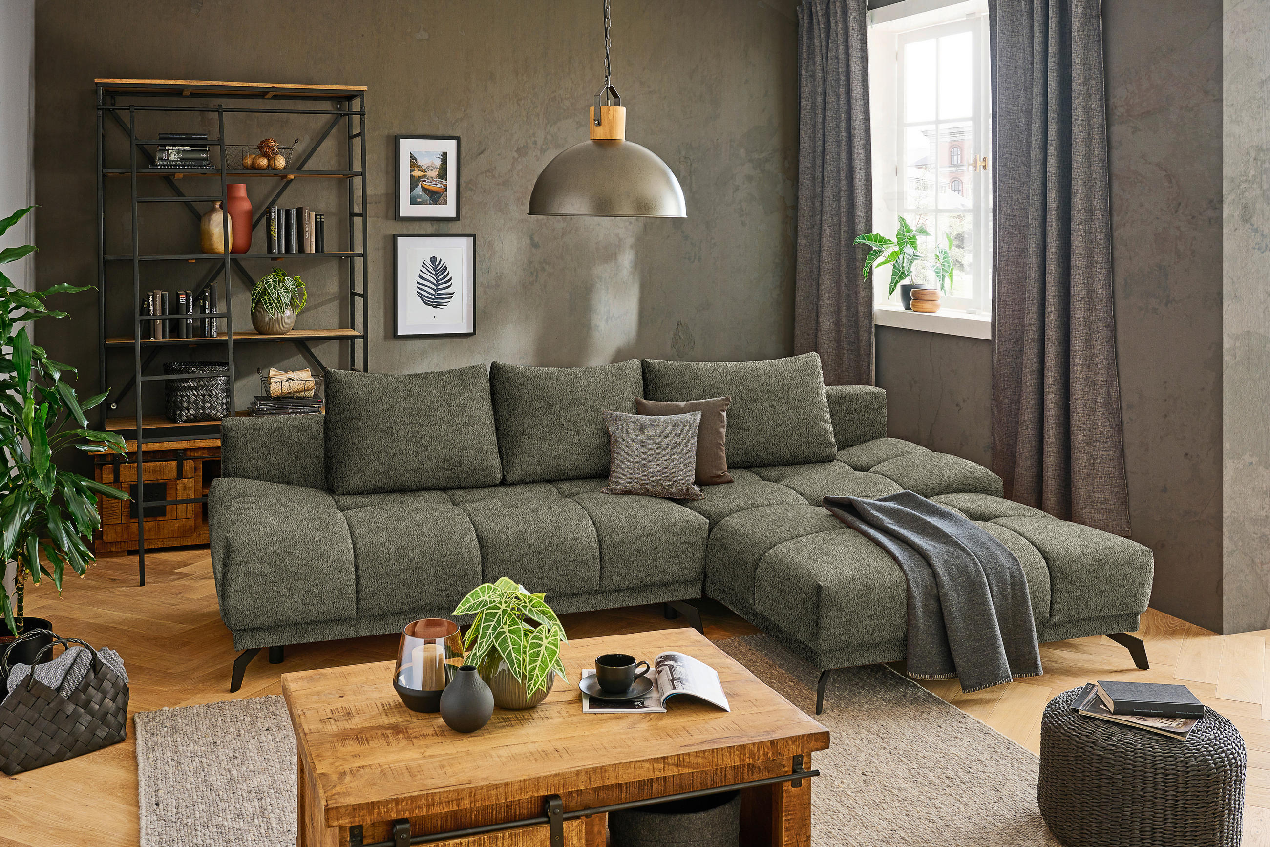 ECKSOFA in Chenille Olivgrün  - Schwarz/Olivgrün, MODERN, Textil/Metall (290/182cm) - Hom`in